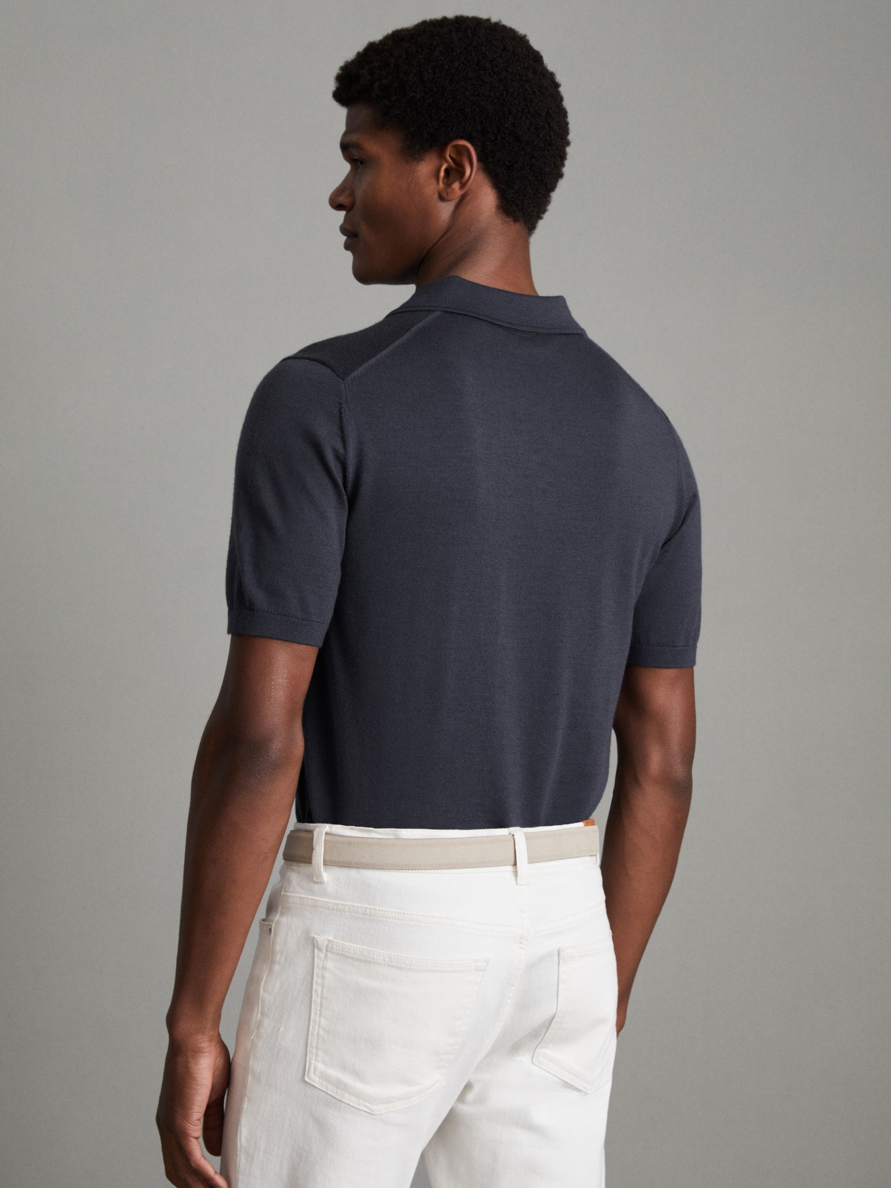 Merino Wool Open Collar Polo Shirt in Blue Smoke - Image 4 of 6