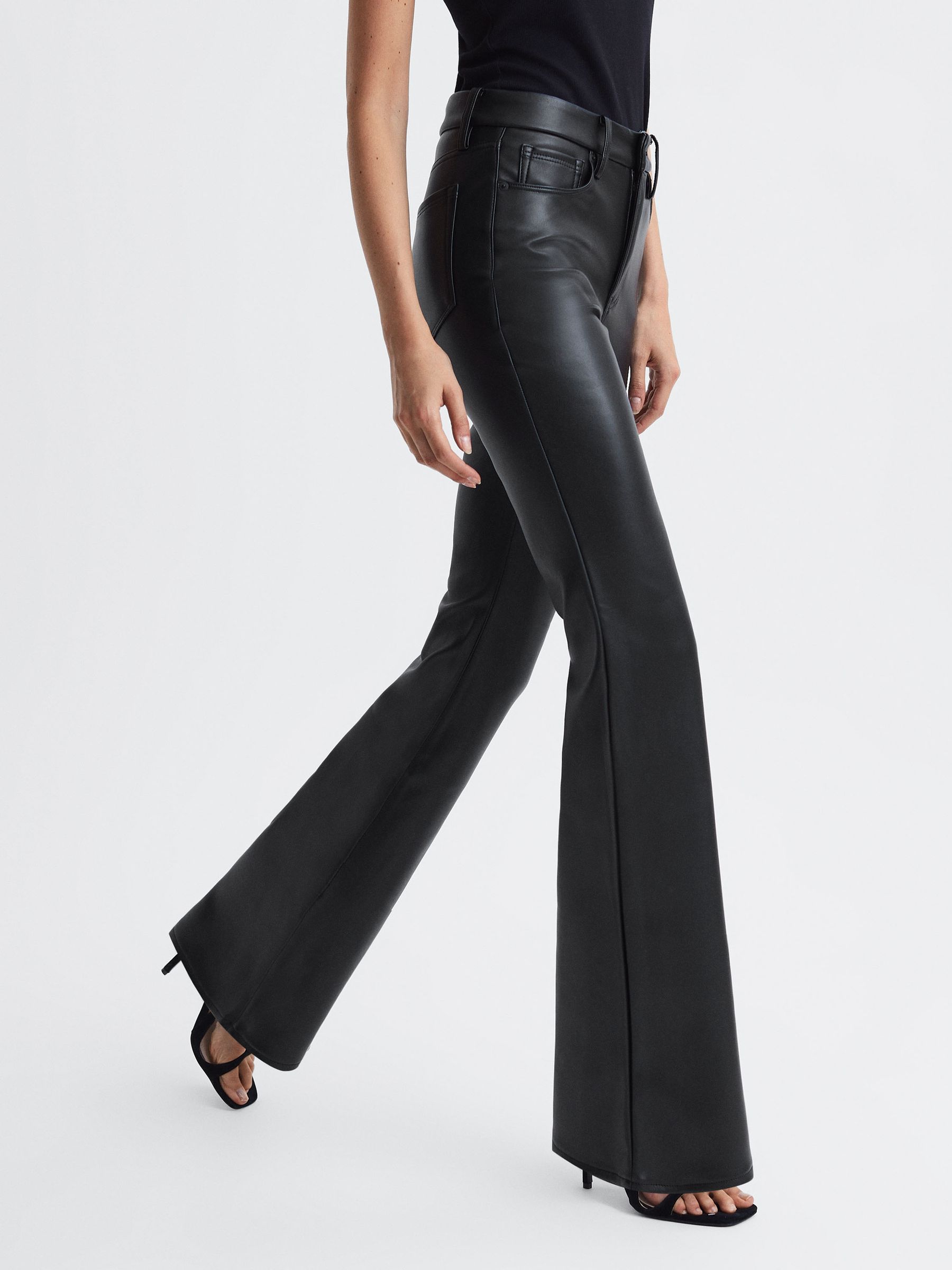 Reiss Good American Faux Leather Flared Trousers in Black REISS