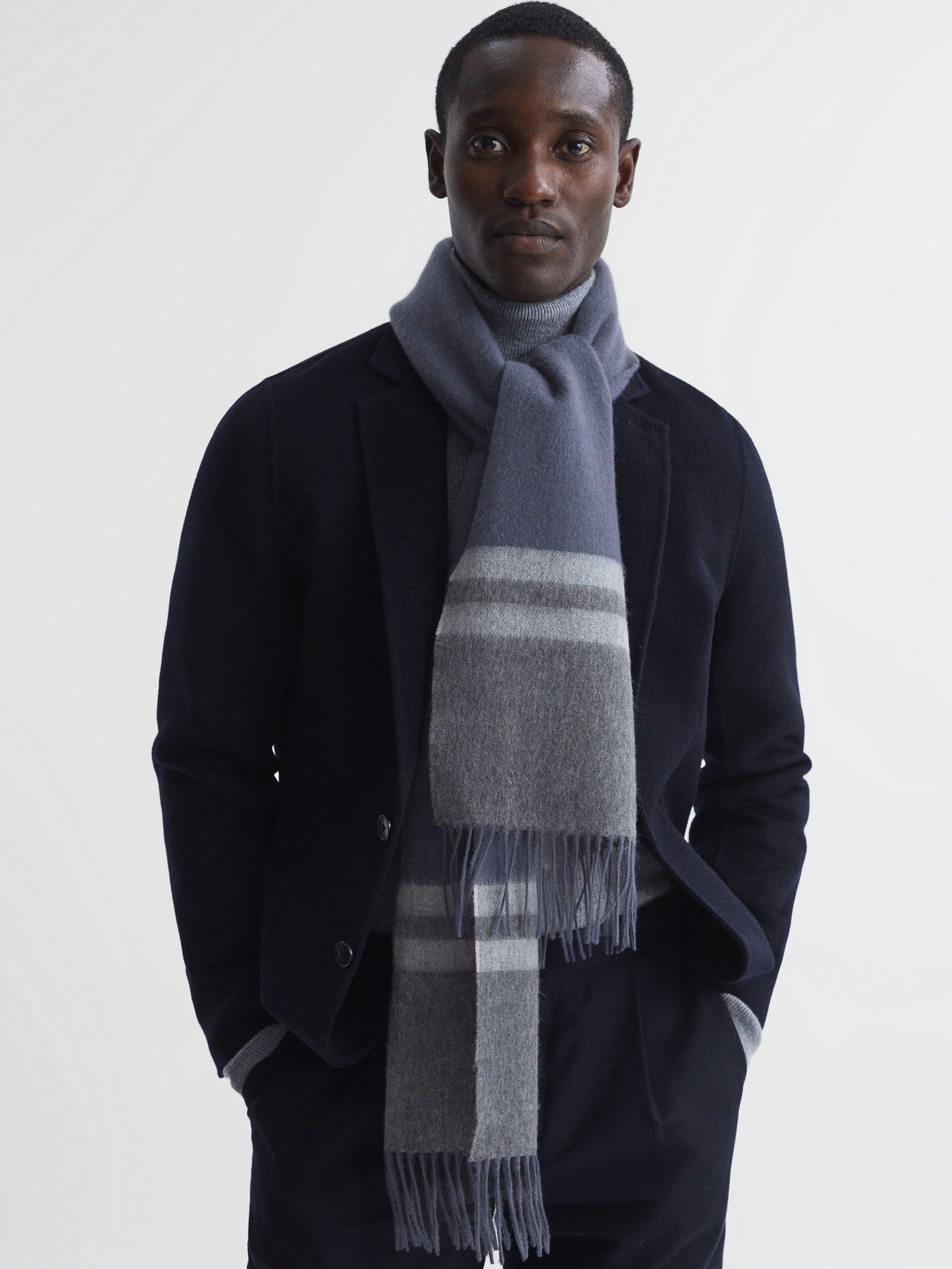 Wool-Cashmere Stripe Scarf in Airforce Blue - Image 2 of 4