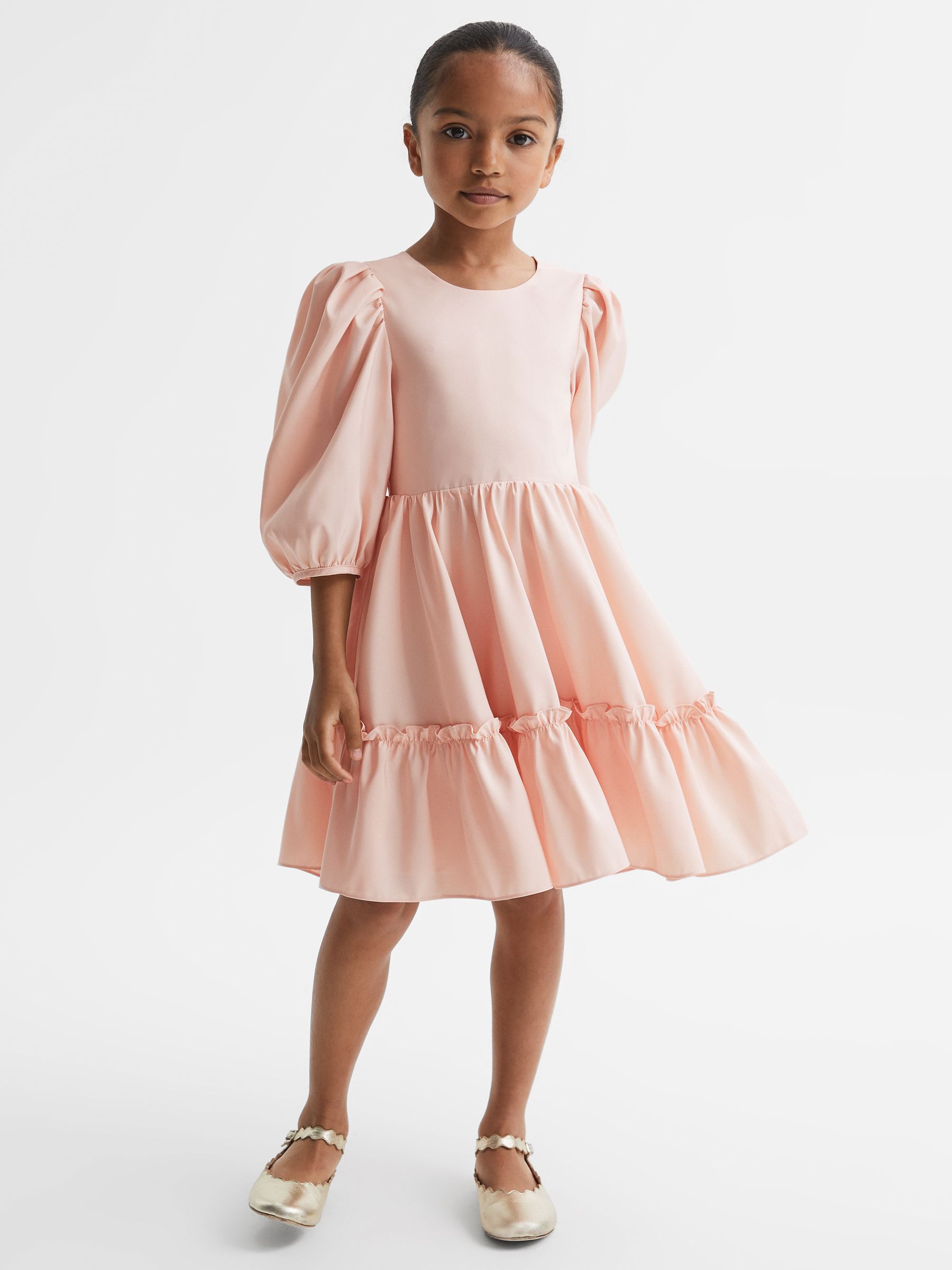 9-13 yrs Mini Puff Sleeve Ruffle Dress in Pink - Image 1 of 7