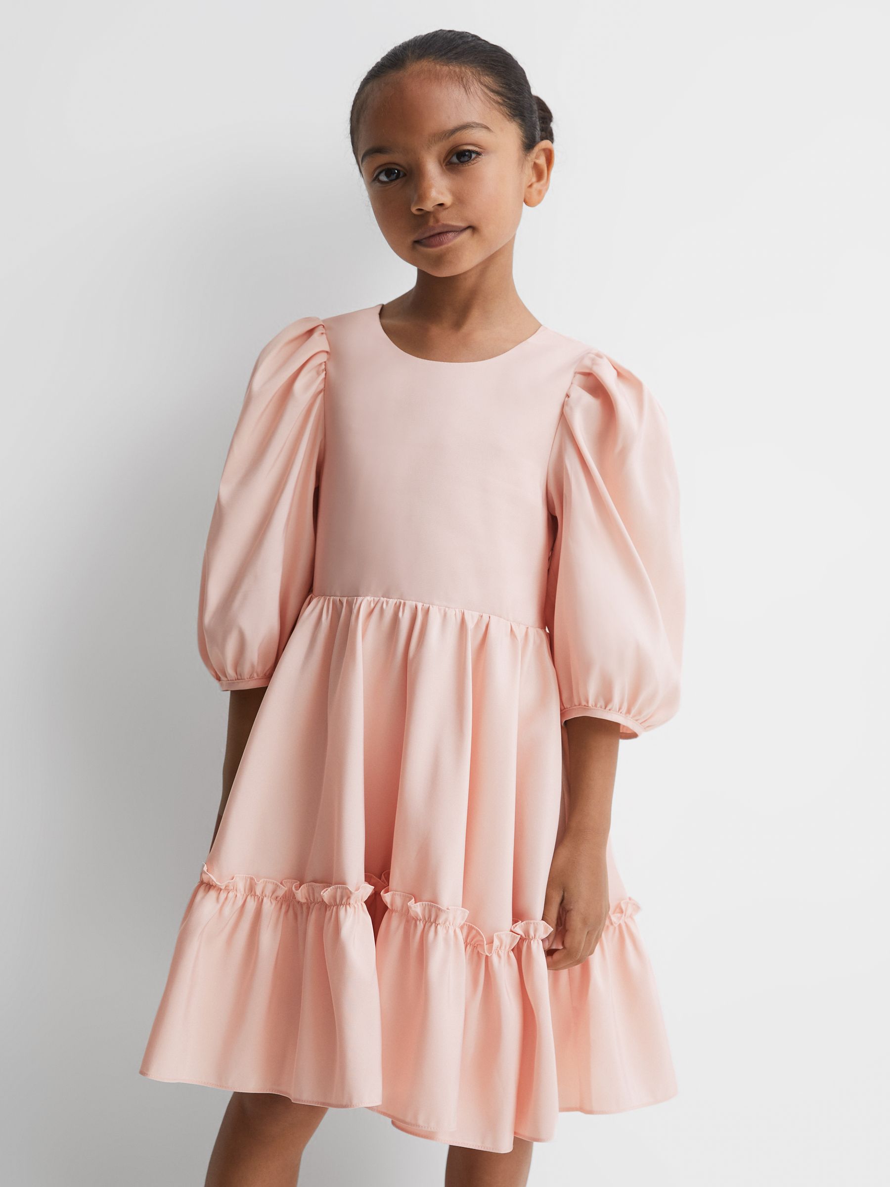 9-13 yrs Mini Puff Sleeve Ruffle Dress in Pink - Image 3 of 7