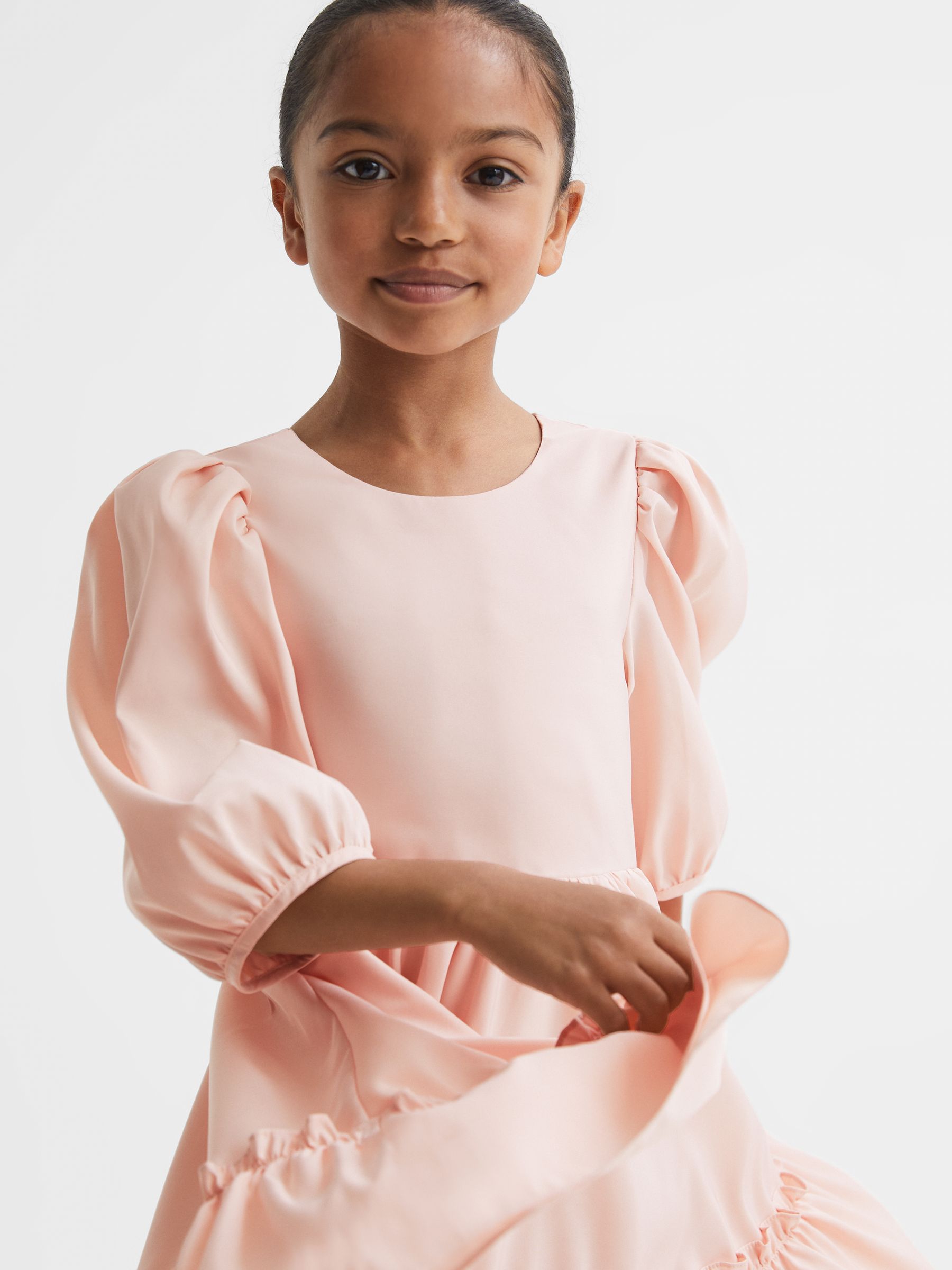 9-13 yrs Mini Puff Sleeve Ruffle Dress in Pink - Image 4 of 7