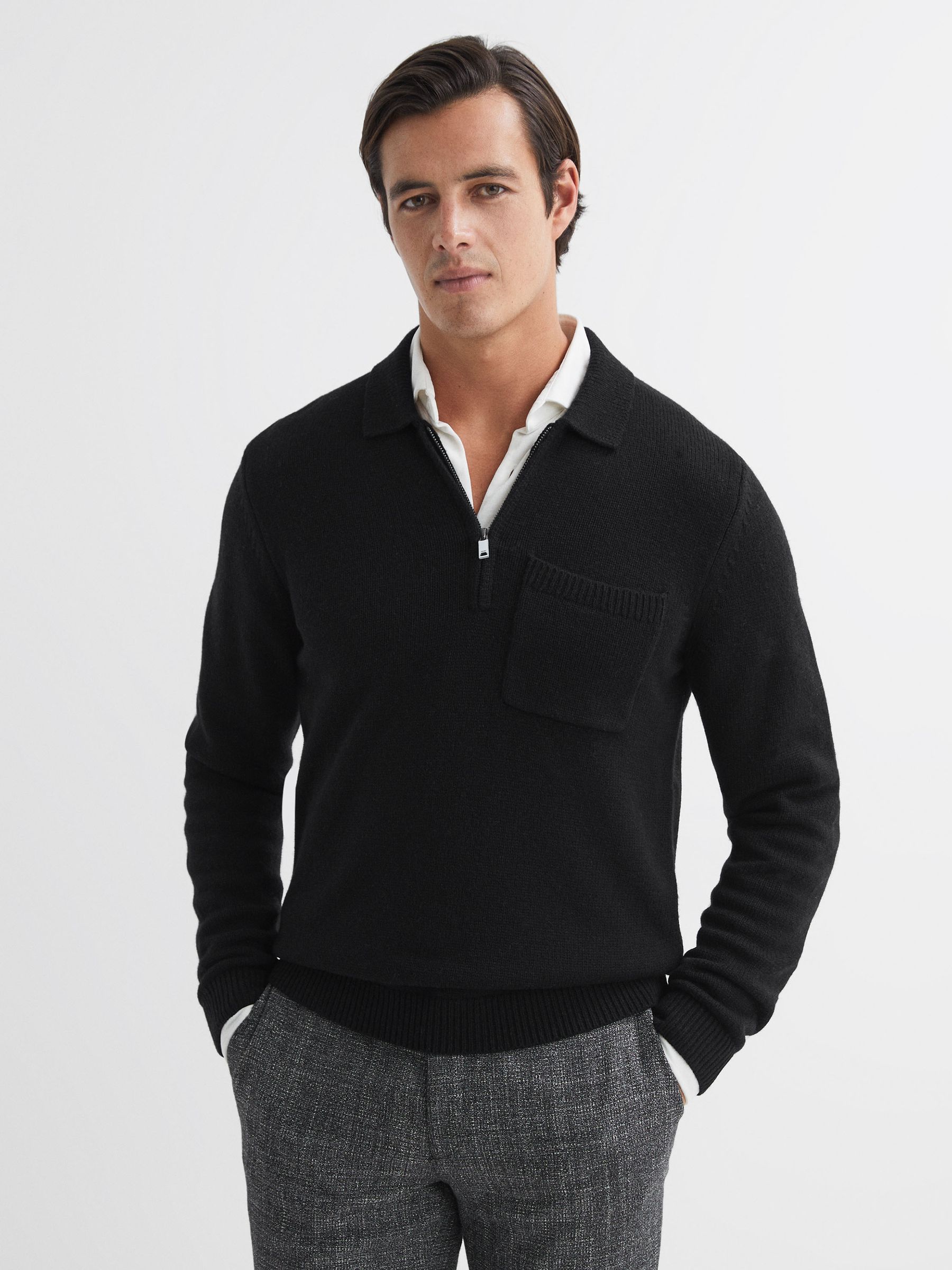 Wool Blend Half-Zip Polo Jumper in Black - Image 1 of 5 Wool Blend Half-Zip Polo Jumper in Black - Image 1 of 5