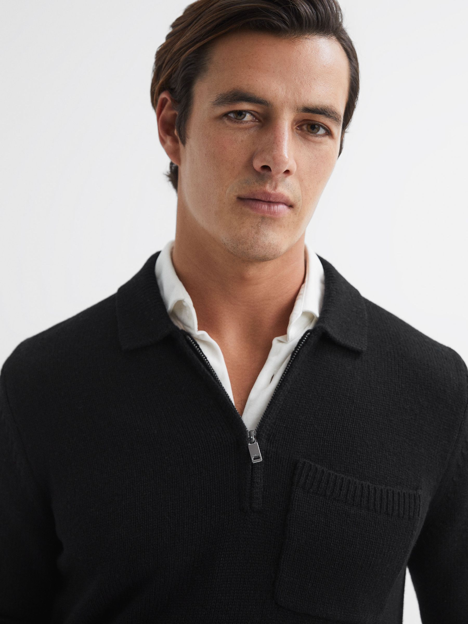 Wool Blend Half-Zip Polo Jumper in Black - Image 4 of 5