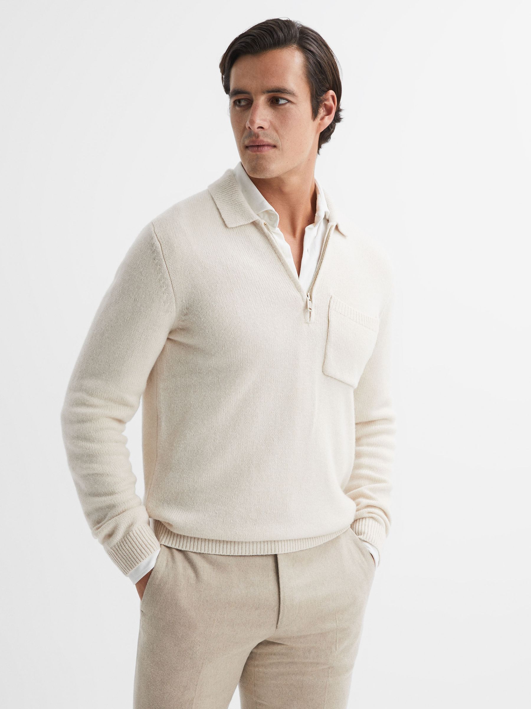 Wool Blend Half-Zip Polo Jumper in Ecru - Image 1 of 4