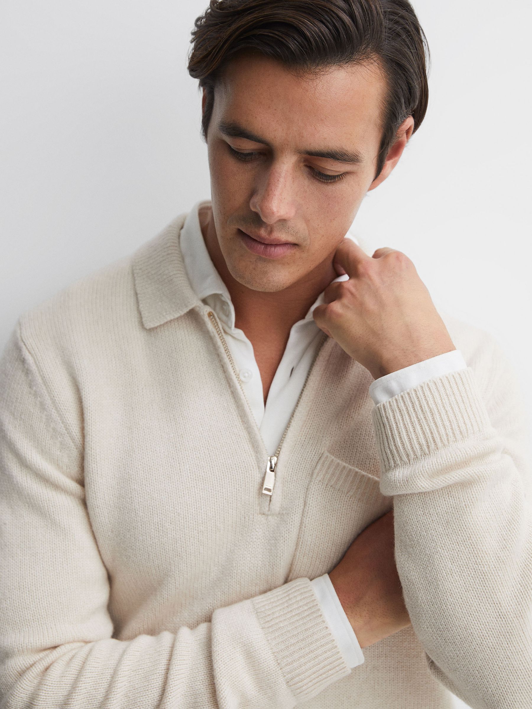Wool Blend Half-Zip Polo Jumper in Ecru - image 3