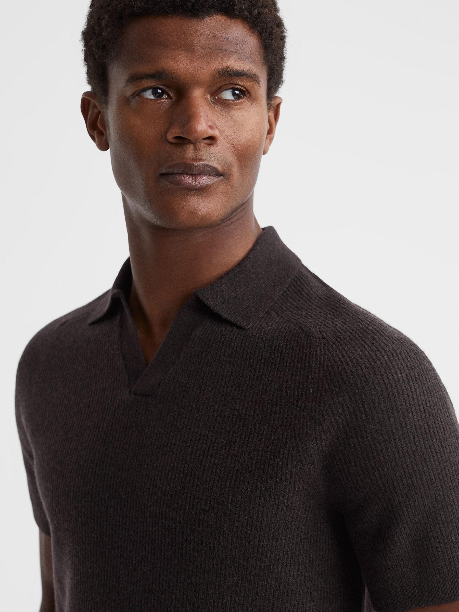Wool Open-Collar Polo Shirt in Chocolate - Image 1 of 5
