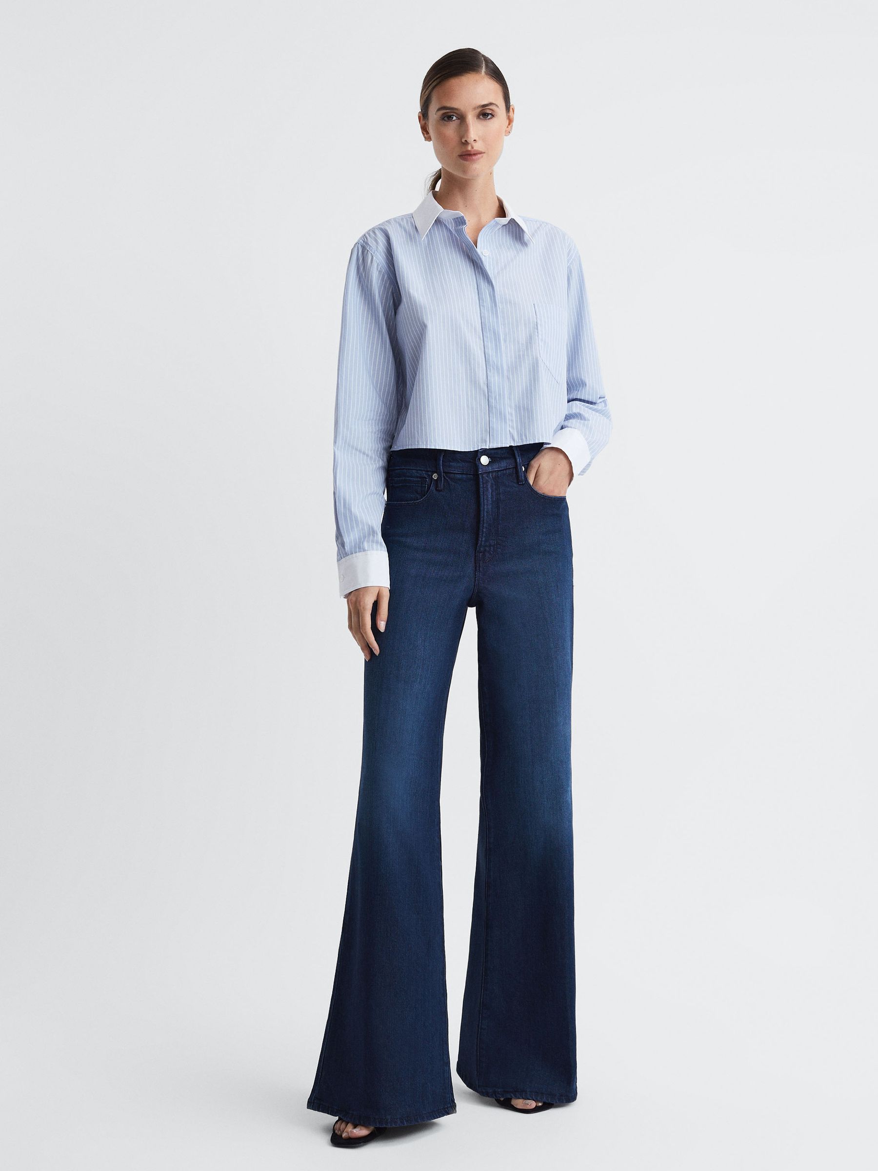 Good American Cotton Cropped Striped Shirt in Blue Stripe - Image 1 of 5