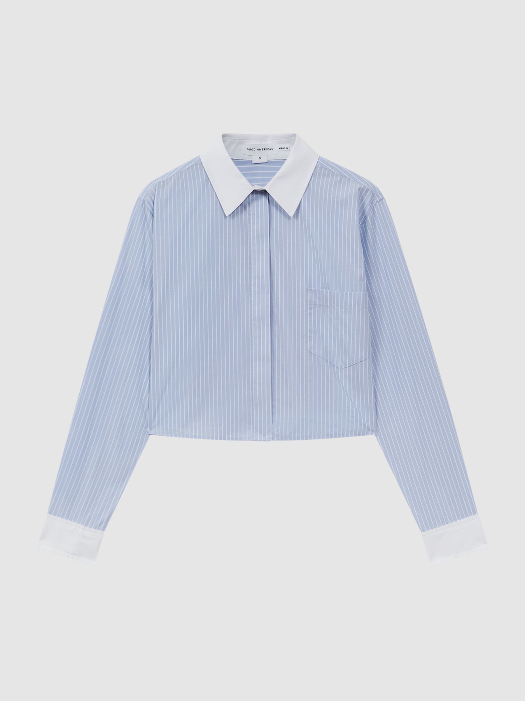 Good American Cotton Cropped Striped Shirt in Blue Stripe - Image 2 of 5