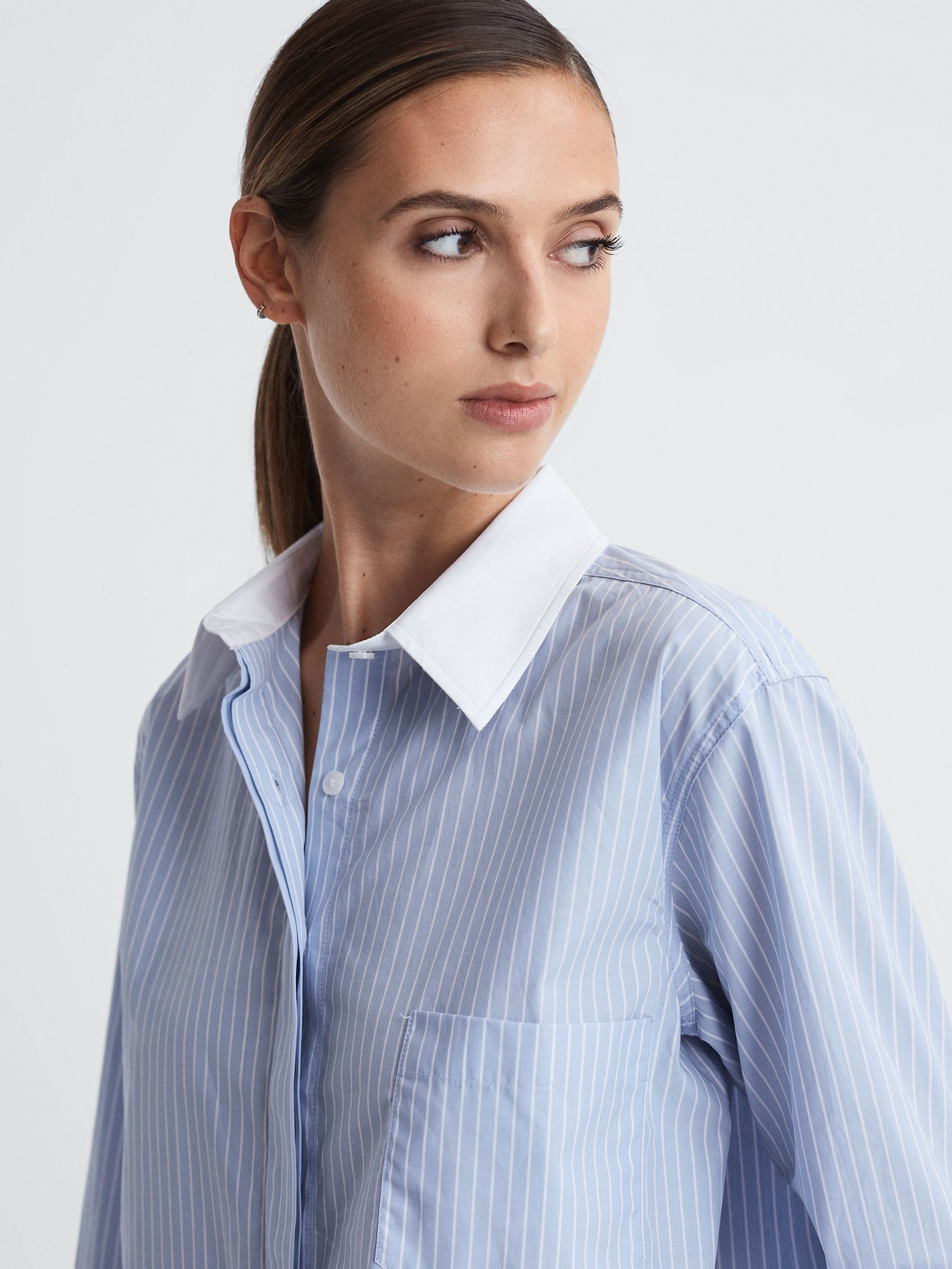 Good American Cotton Cropped Striped Shirt in Blue Stripe - Image 3 of 5