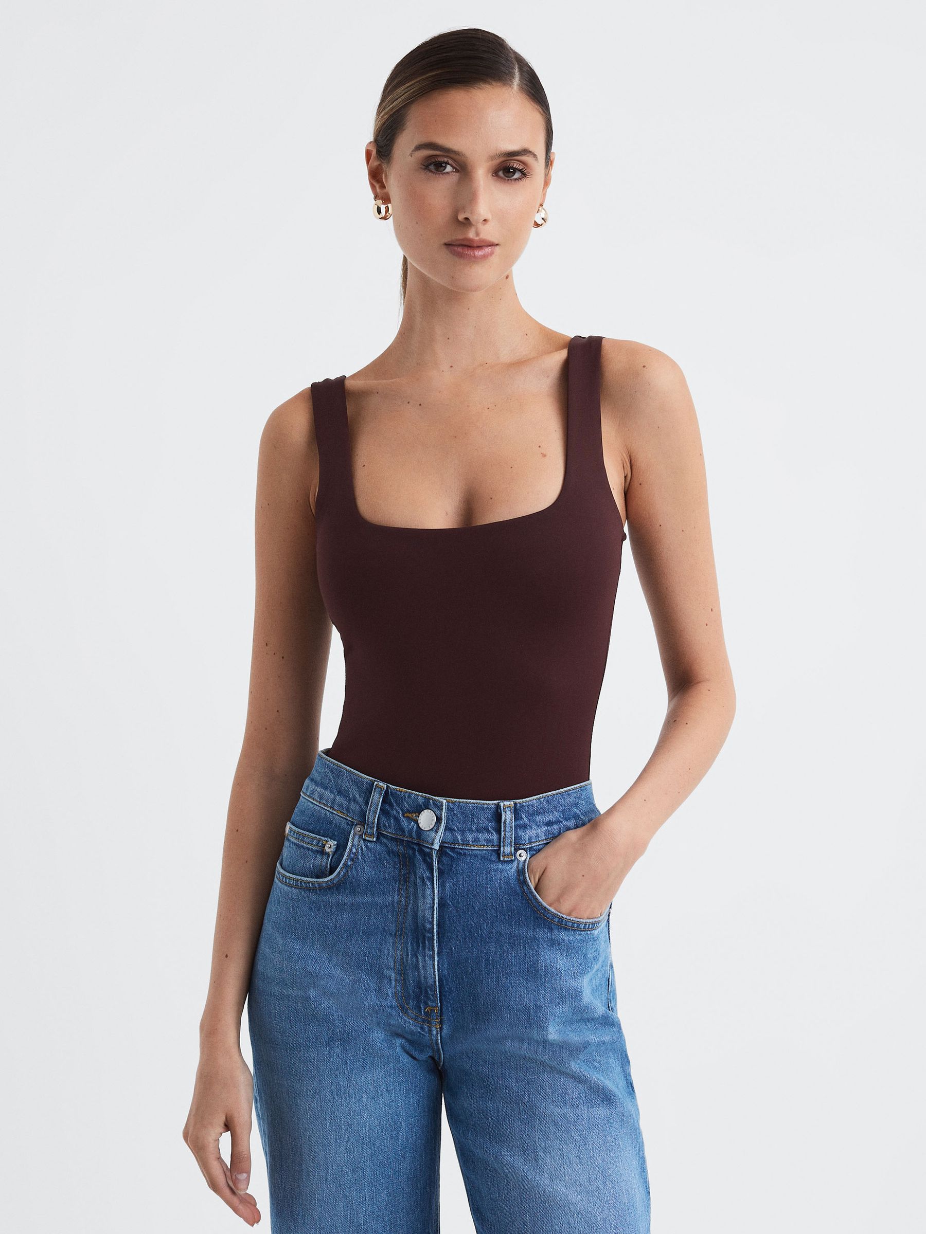 Good American Square Neck Thong Bodysuit in Malbec - Image 1 of 6