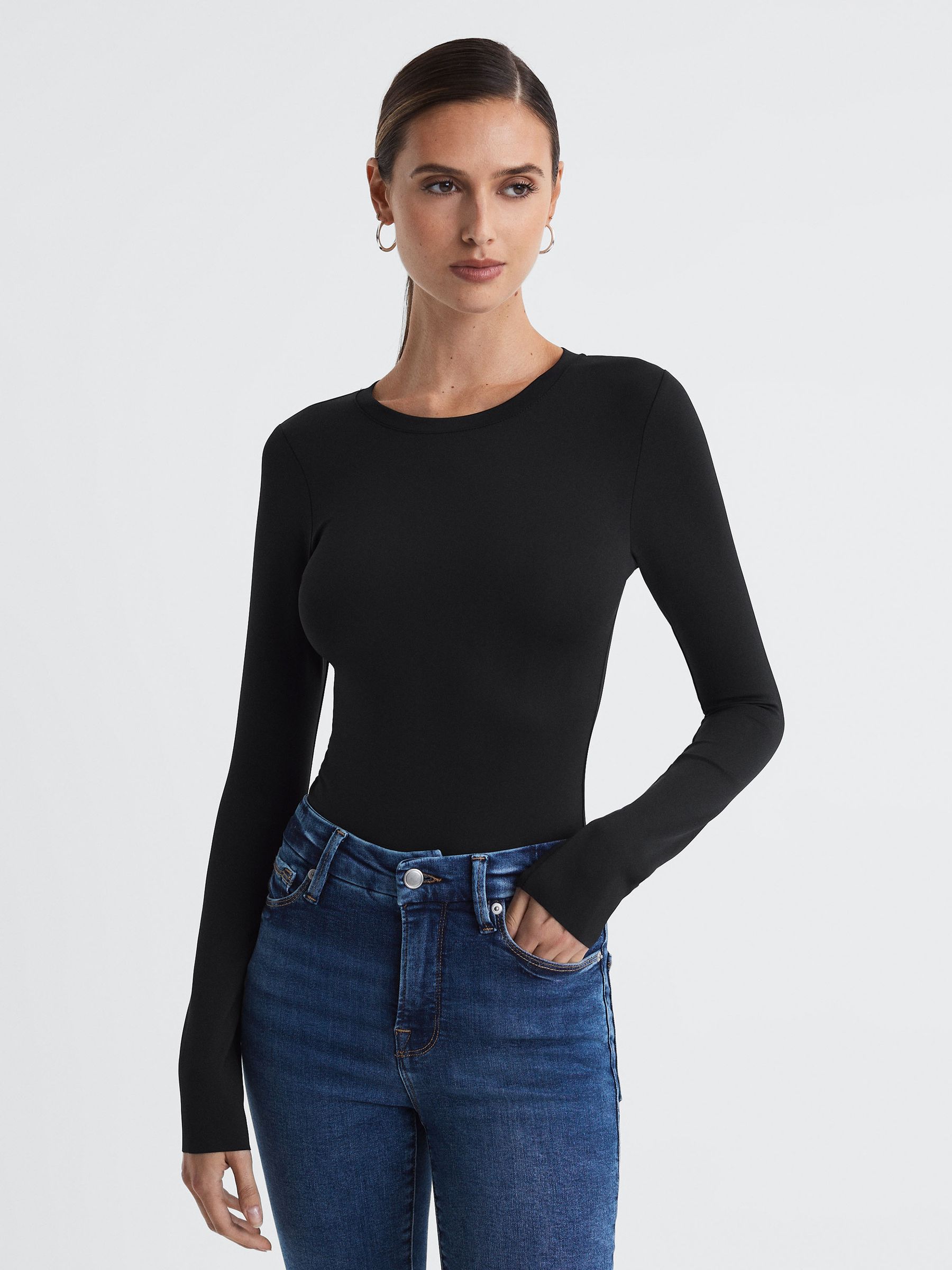 Good American Crew Neck Thong Bodysuit in Black - Image 1 of 4