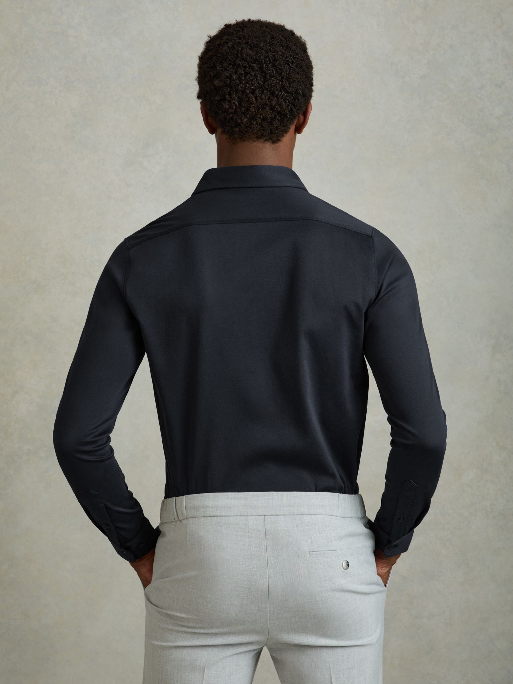 Slim Fit Mercerised Cotton Jersey Shirt in Navy - Image 4 of 5