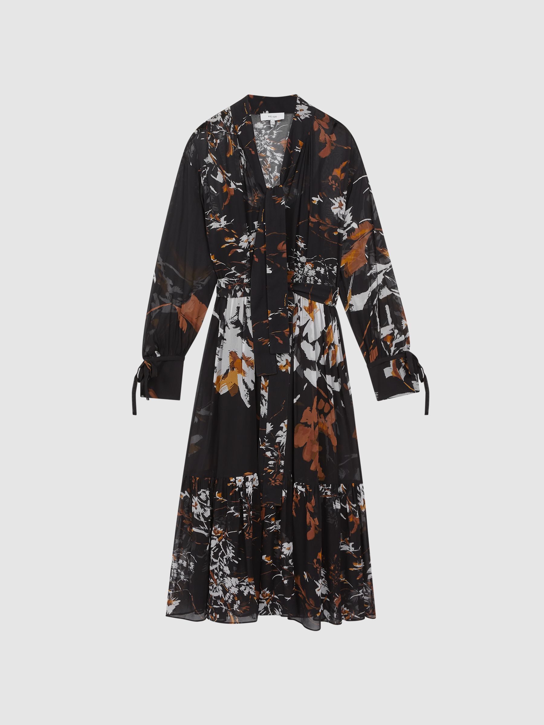 Floral Neck Tie Midi Dress in Black/Brown - Image 2 of 6