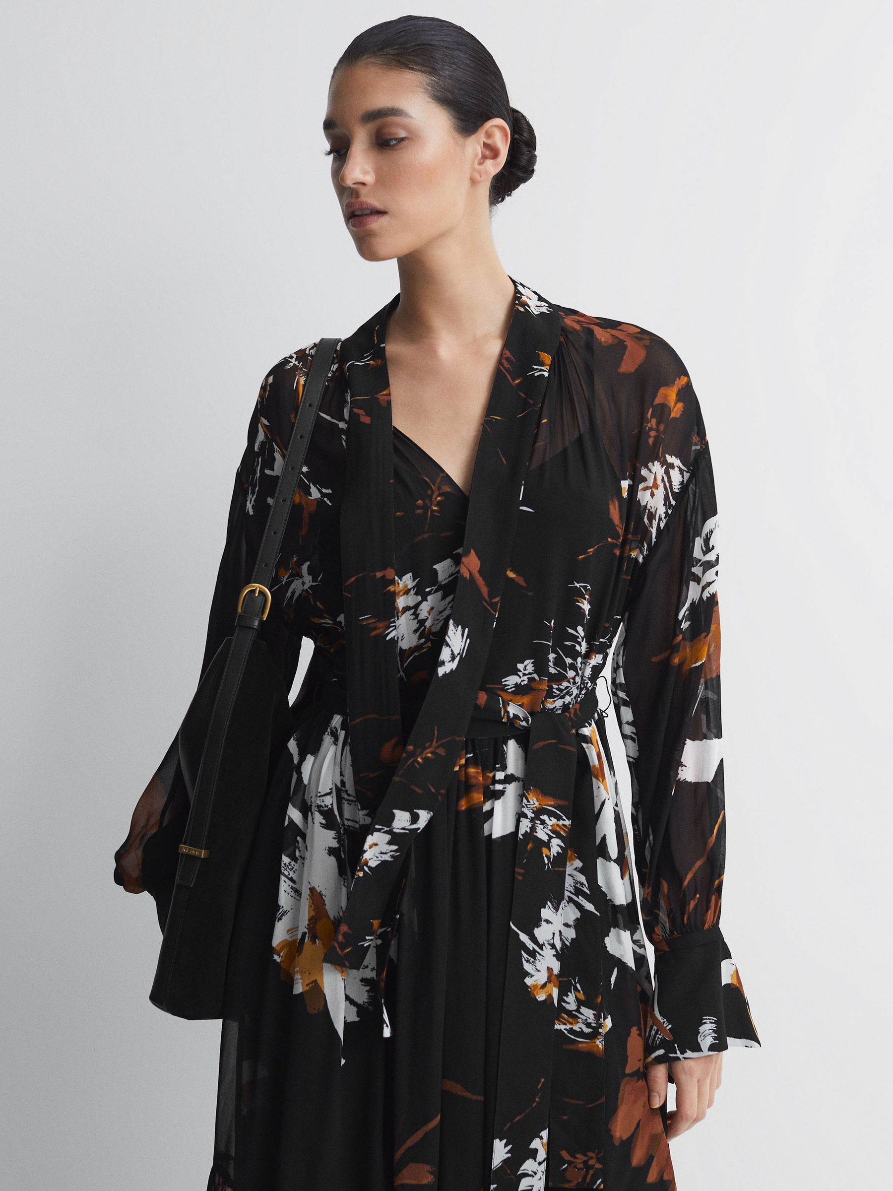 Reiss Floral Neck Tie Midi Dress in Black/Brown | REISS