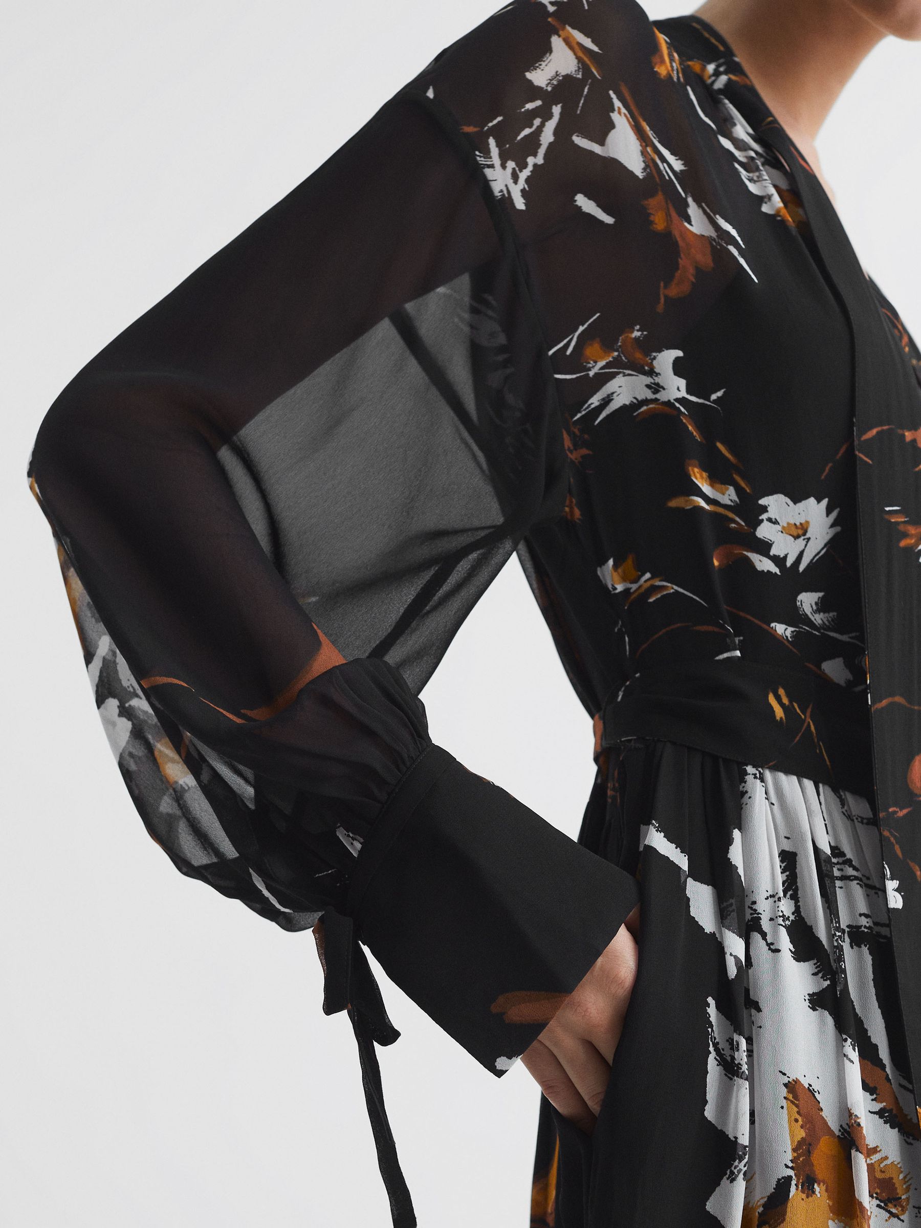 Floral Neck Tie Midi Dress in Black/Brown - Image 4 of 6