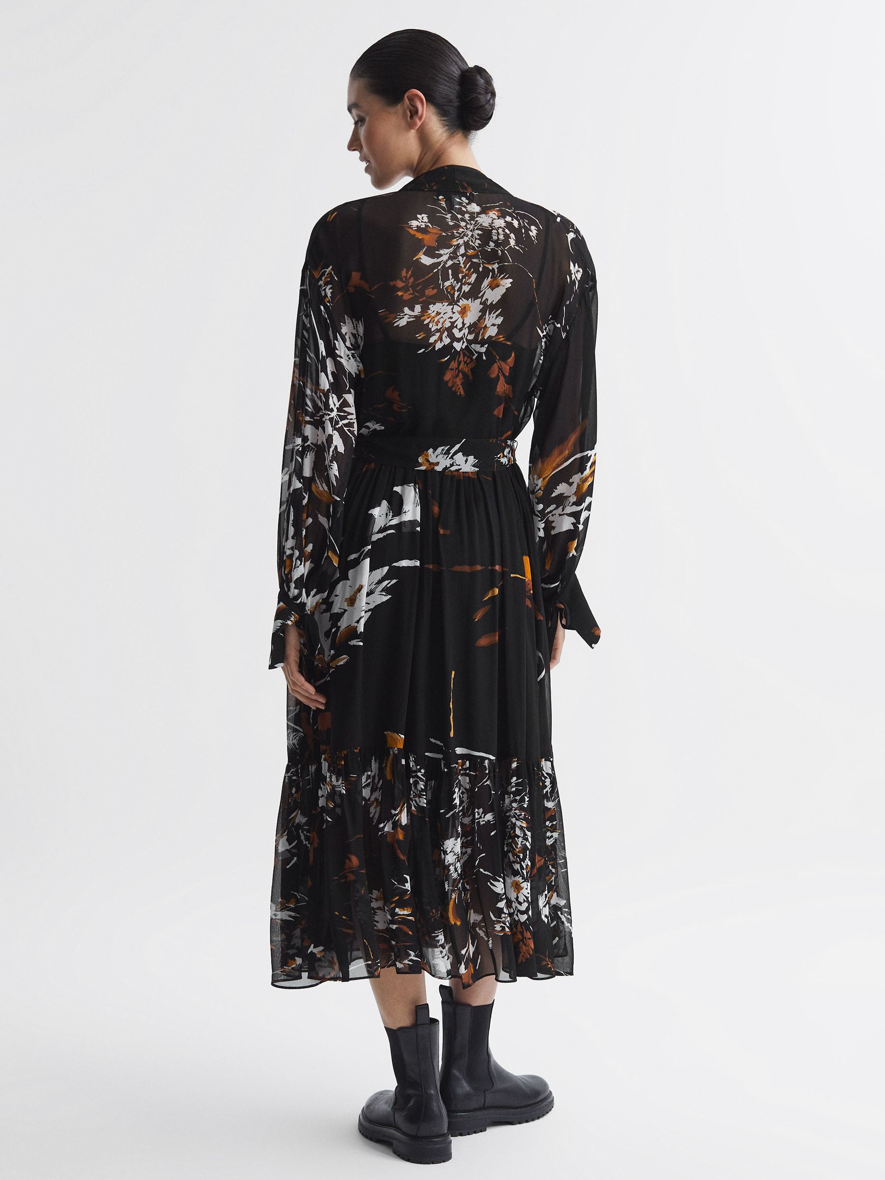 Floral Neck Tie Midi Dress in Black/Brown - Image 5 of 6