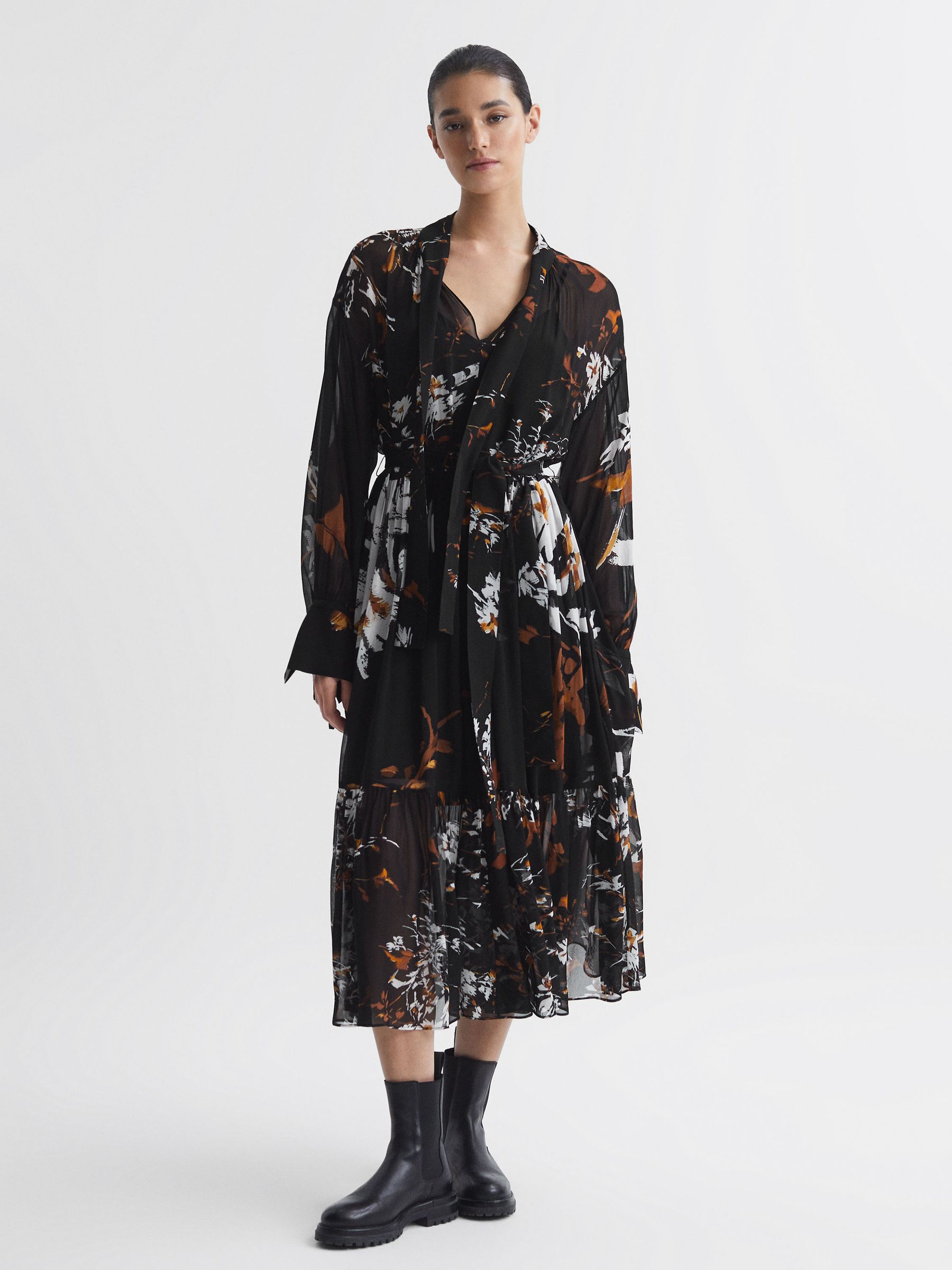 Floral Neck Tie Midi Dress in Black/Brown - Image 6 of 6