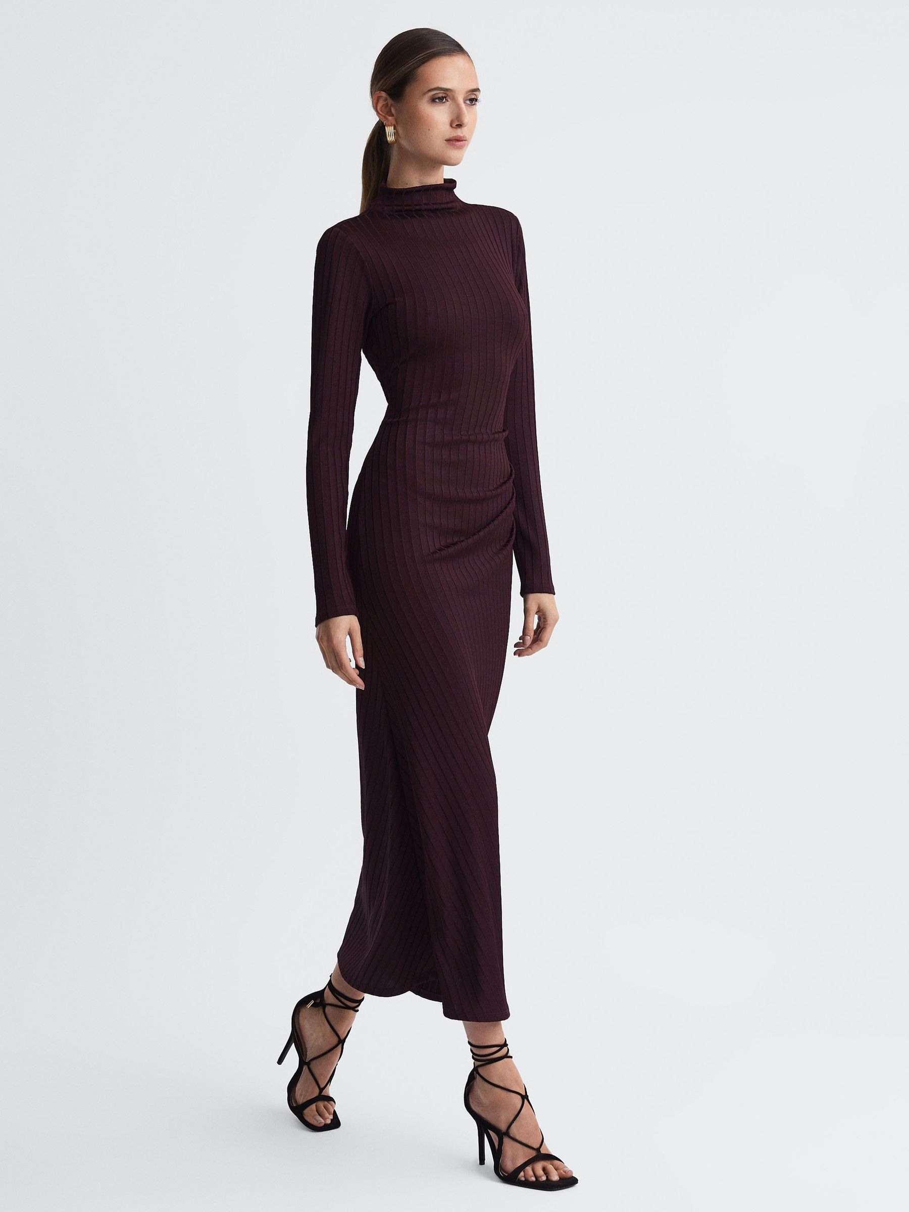 Good American Knitted Funnel Neck Midi Dress in Malbec - Image 1 of 5