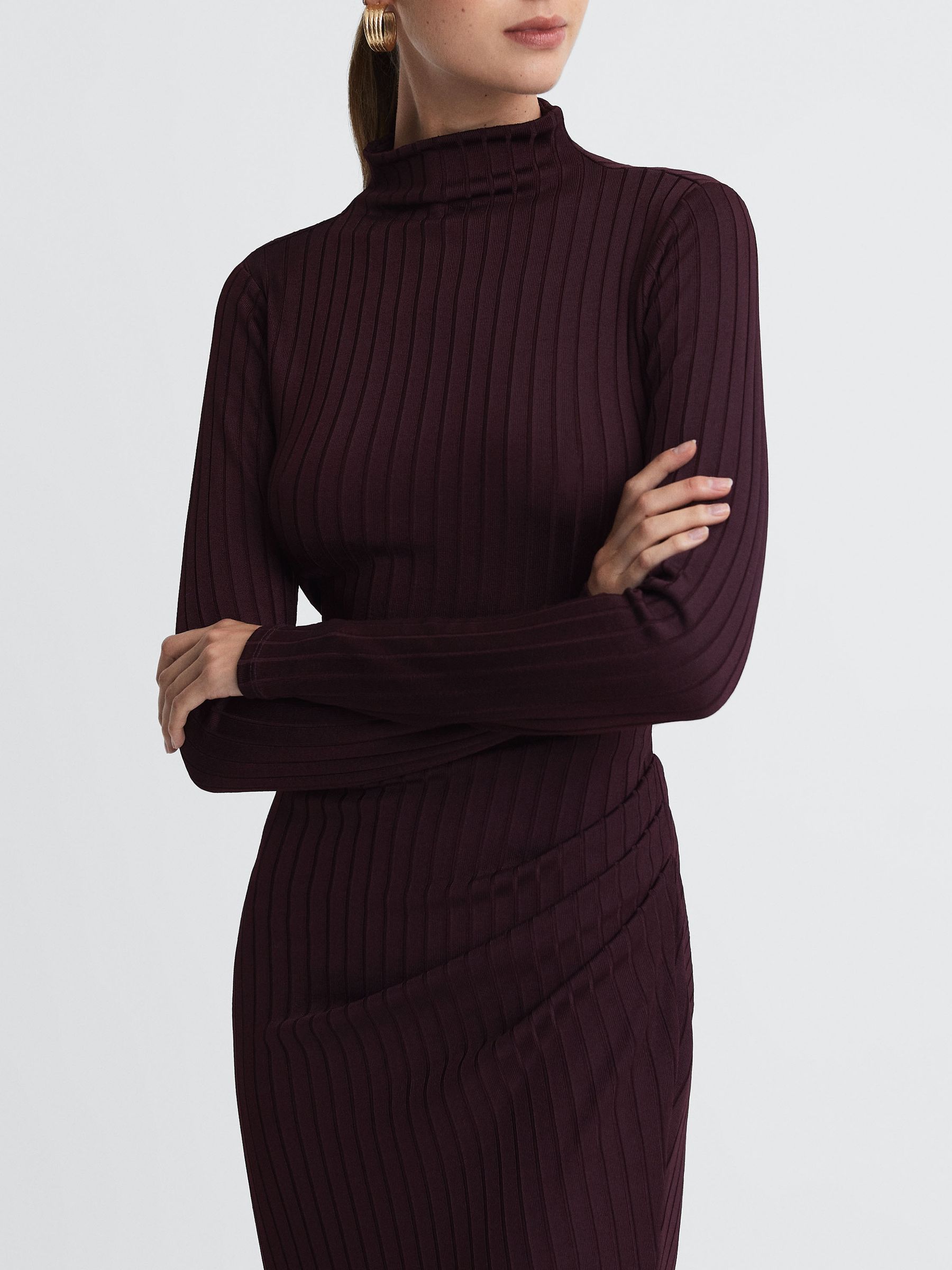 Good American Knitted Funnel Neck Midi Dress in Malbec - Image 3 of 5