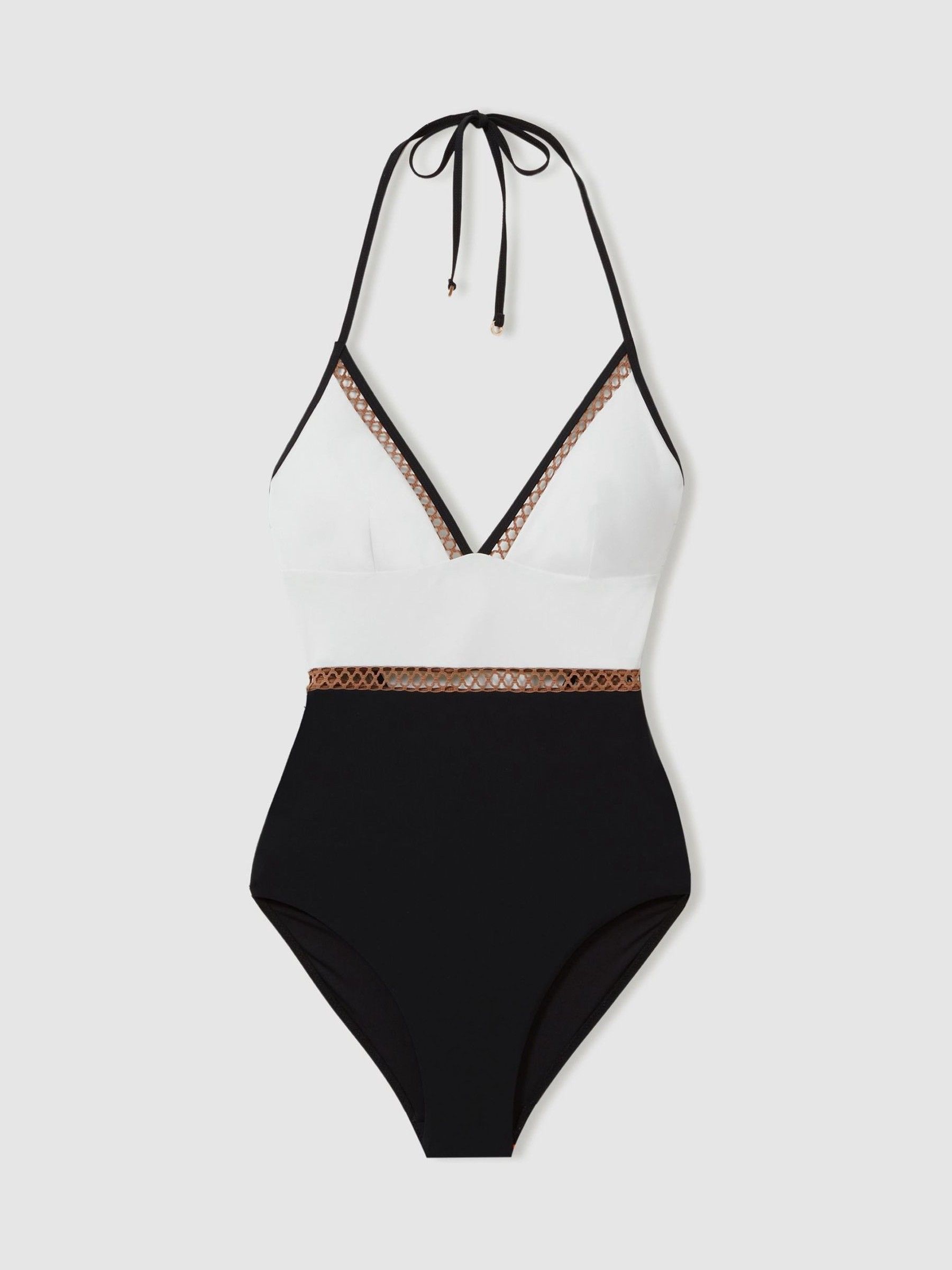 Colourblock Halter Swimsuit in White/Tan - Image 2 of 5