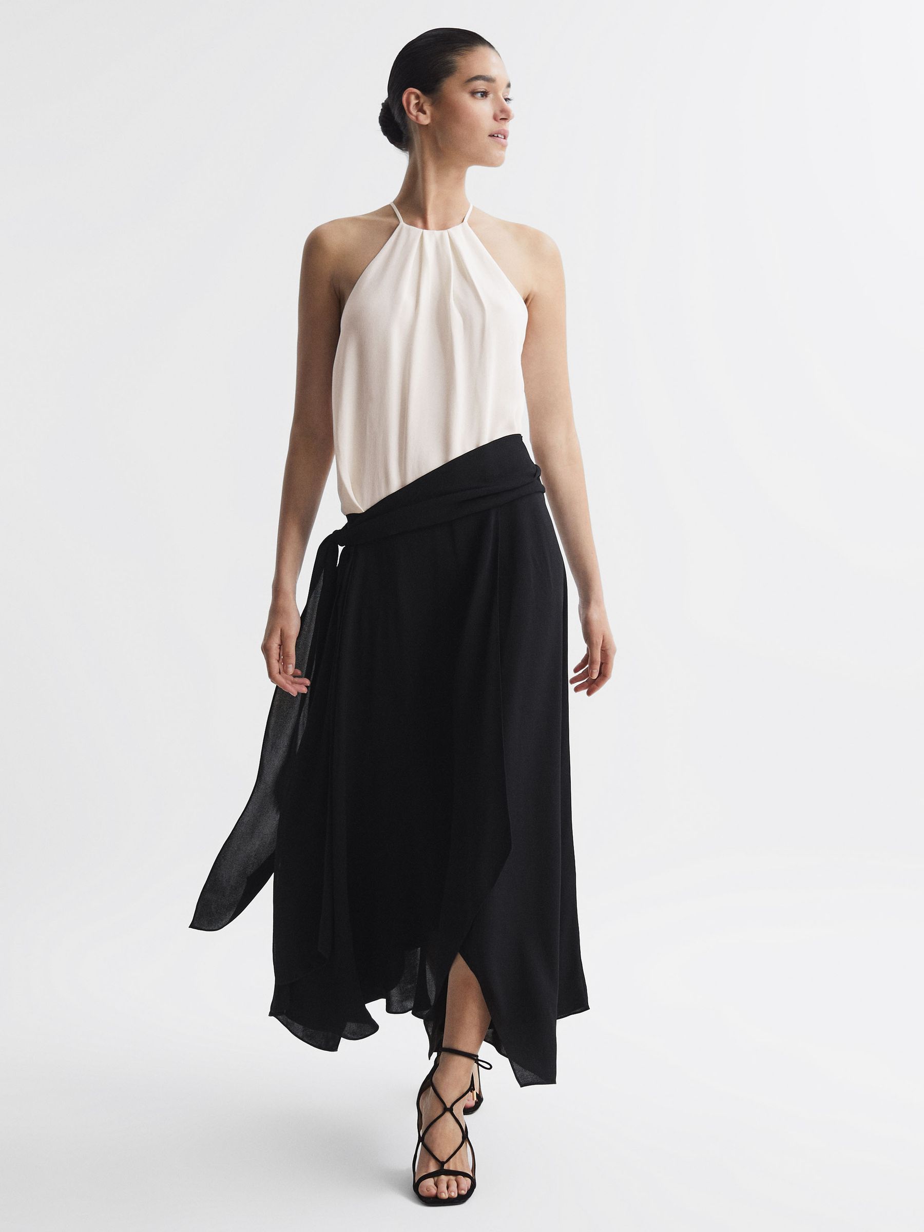 Asymmetric Belted Wrap Midi Dress in Cream/Black - Image 1 of 5