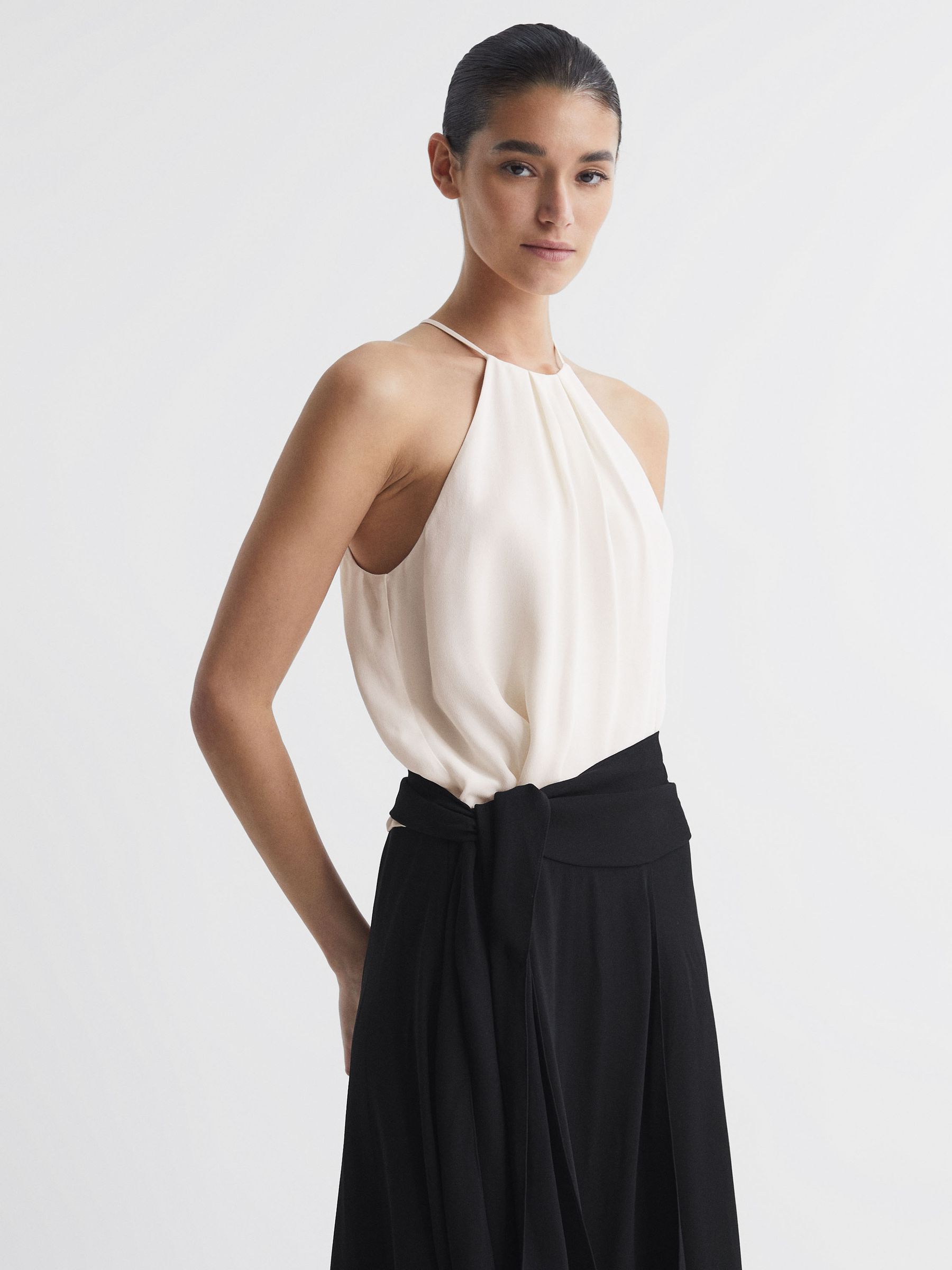 Asymmetric Belted Wrap Midi Dress in Cream/Black - Image 3 of 5