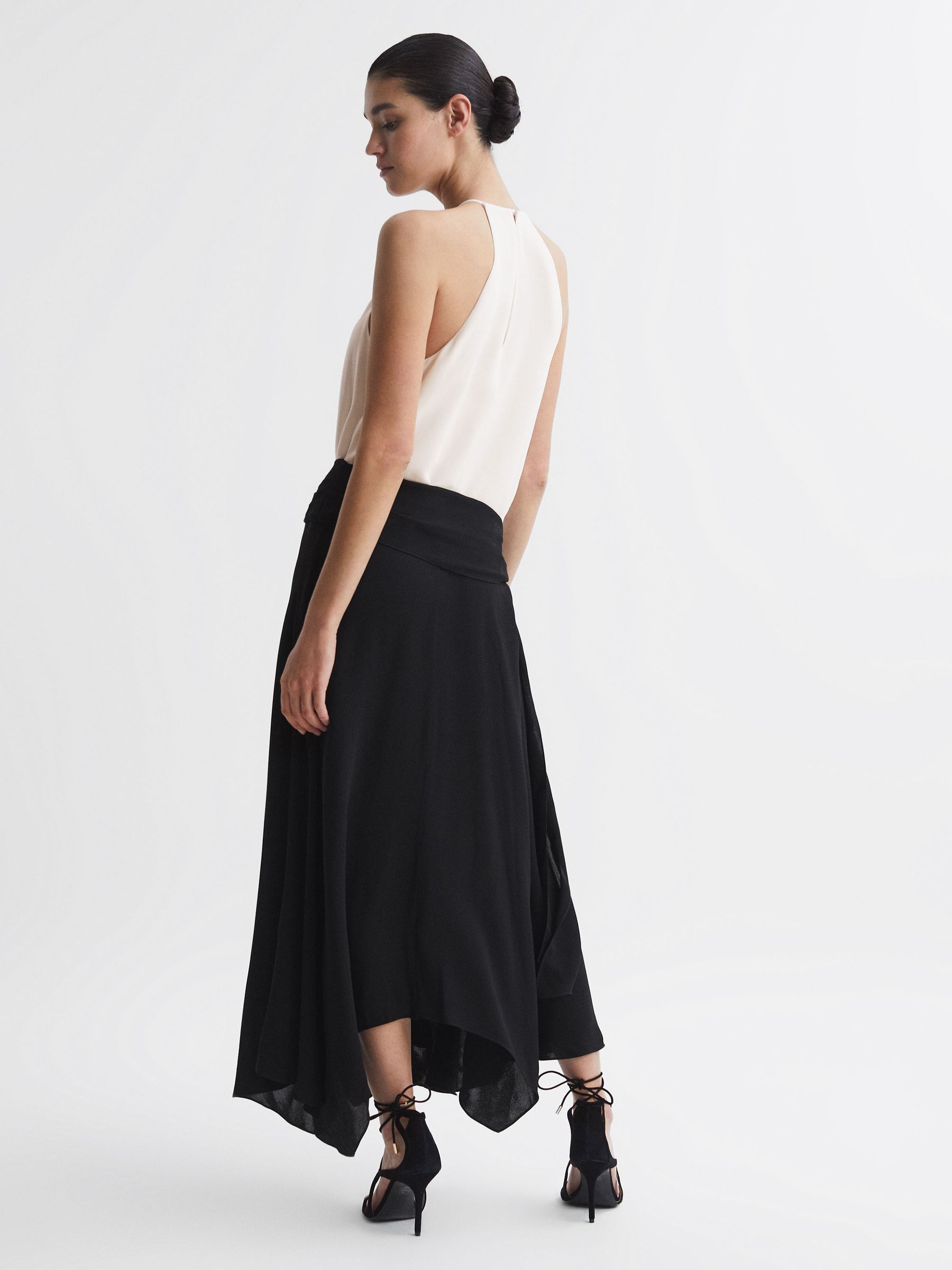 Asymmetric Belted Wrap Midi Dress in Cream/Black - Image 5 of 5