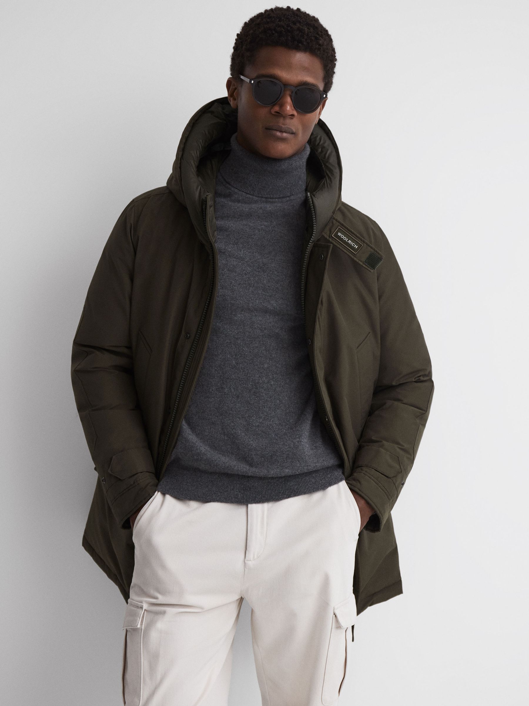 Woolrich Hooded Parka Coat in Dark Green - Image 1 of 7