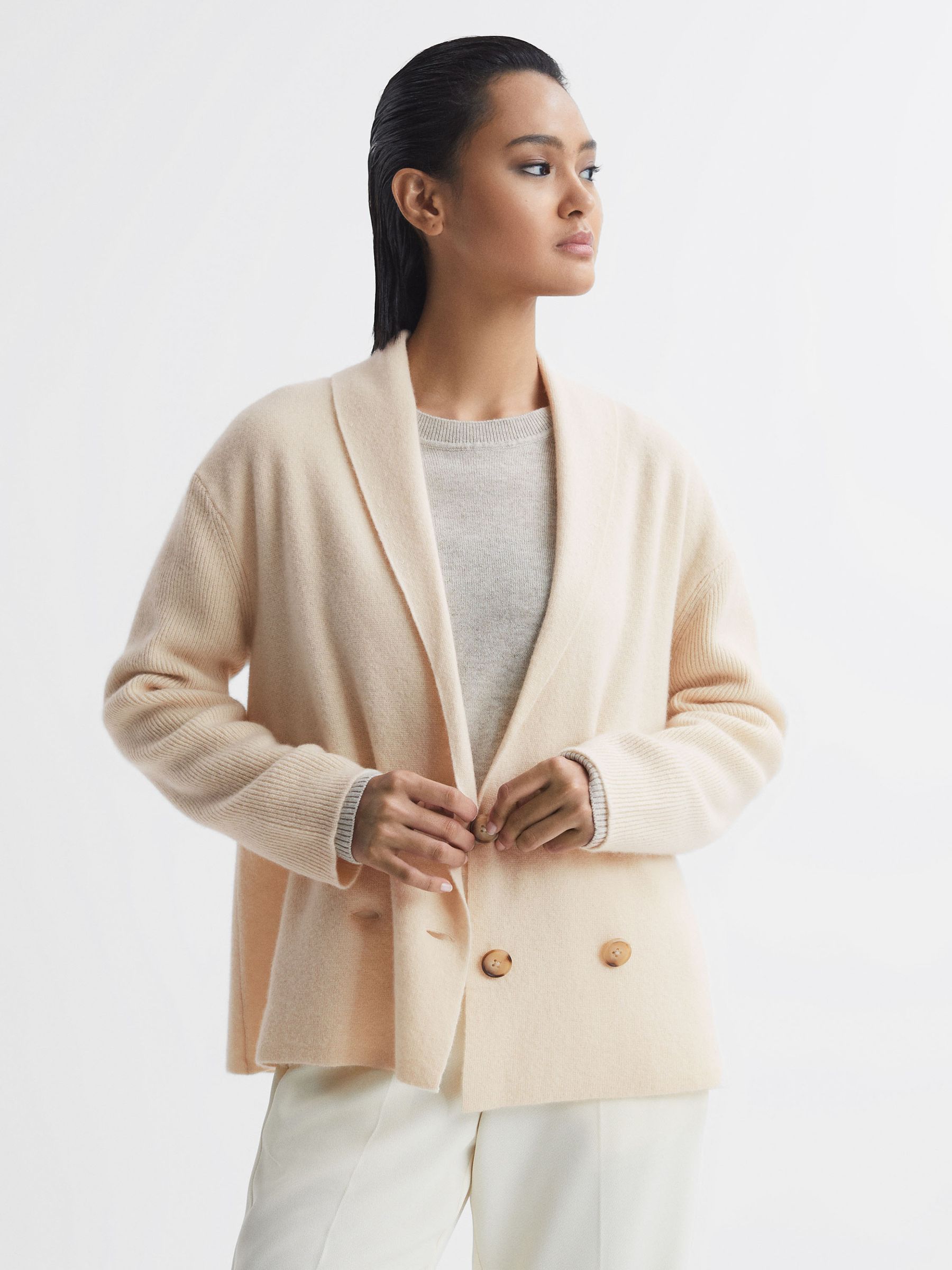 Wool-Cashmere Double Breasted Cardigan in Cream - Image 3 of 5
