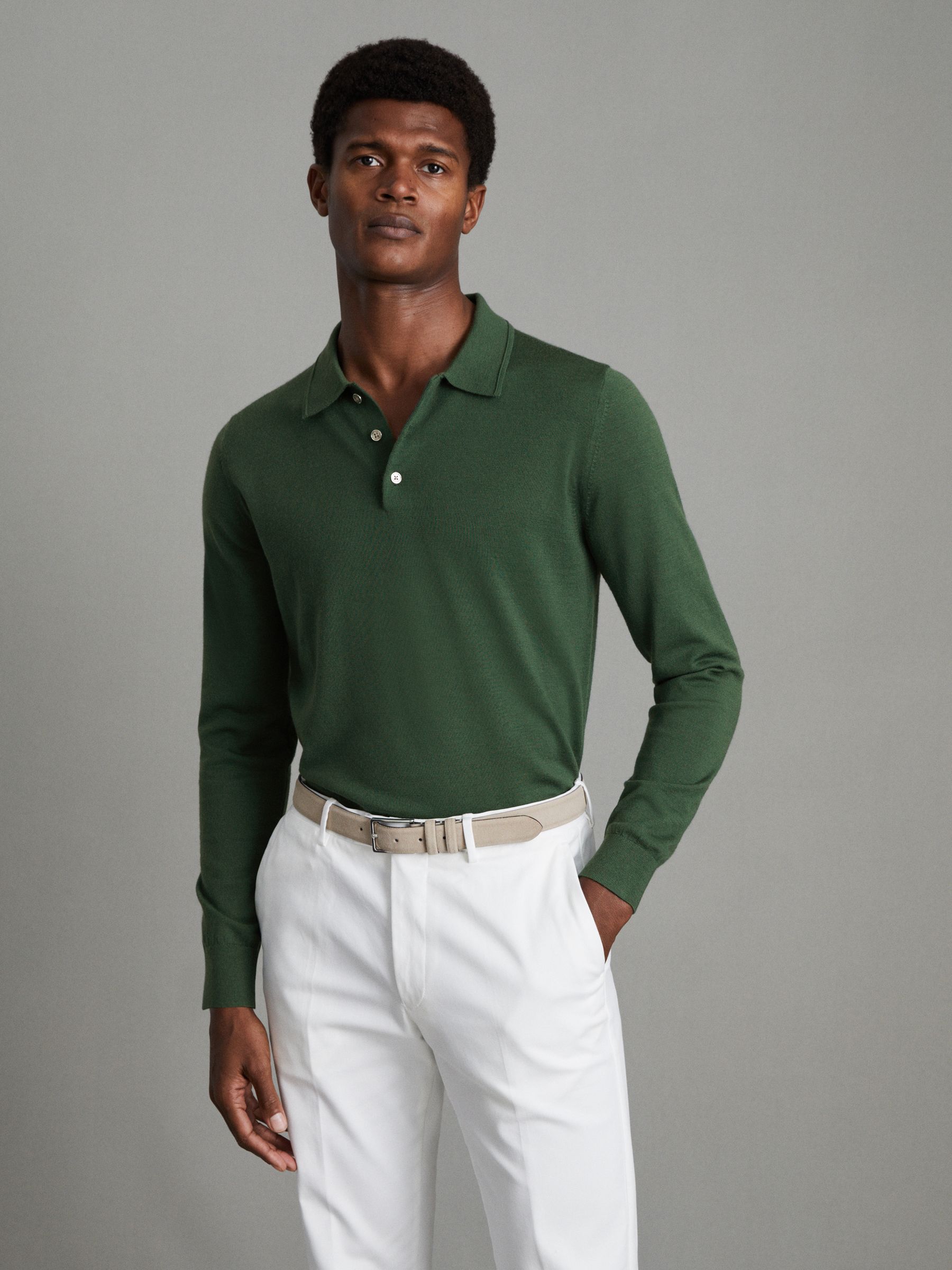 Merino Wool Polo Shirt in Hunting Green - Image 1 of 6