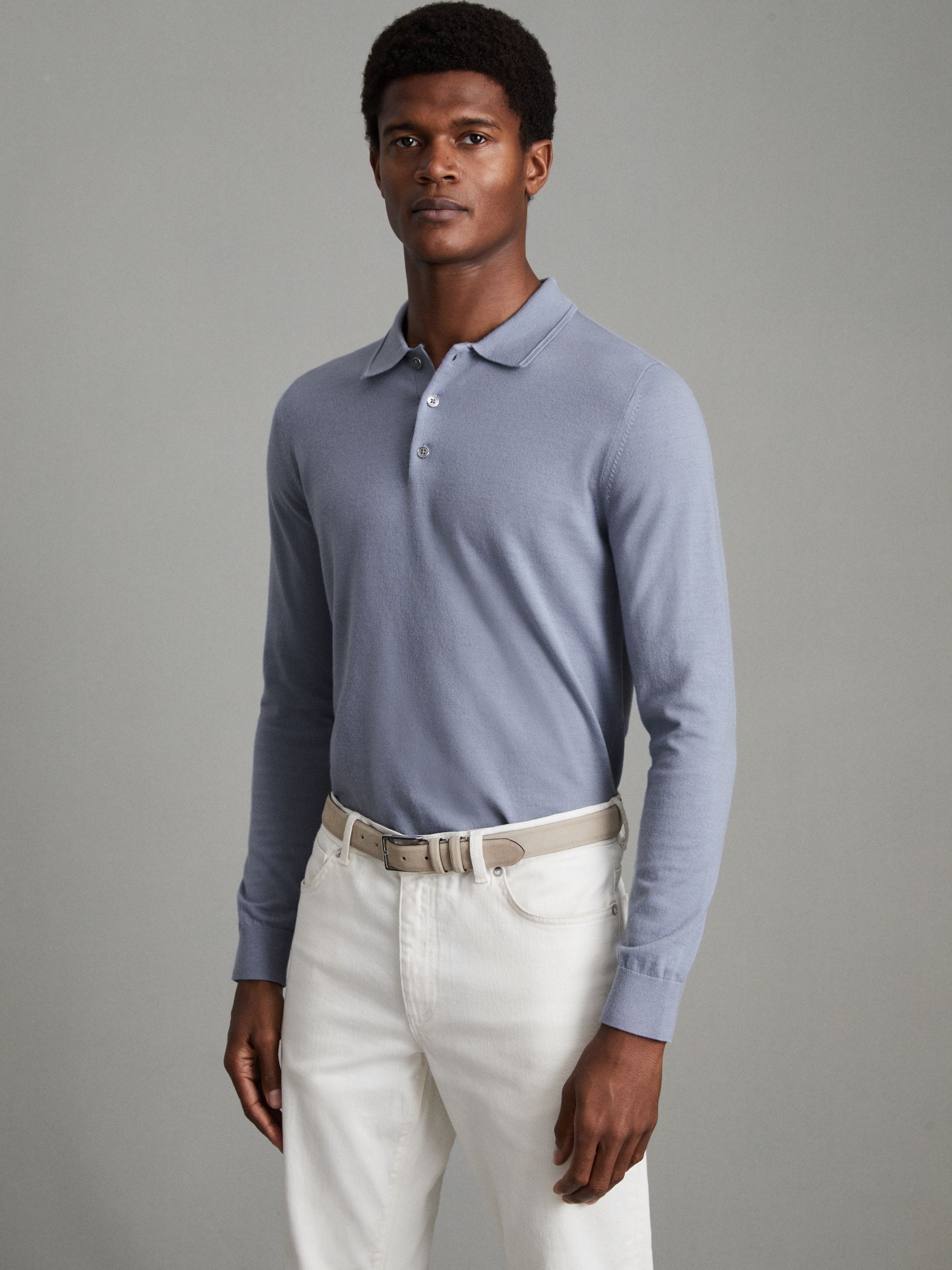 Merino Wool Polo Shirt in China Blue - Image 1 of 6 Merino Wool Polo Shirt in China Blue - Image 1 of 6