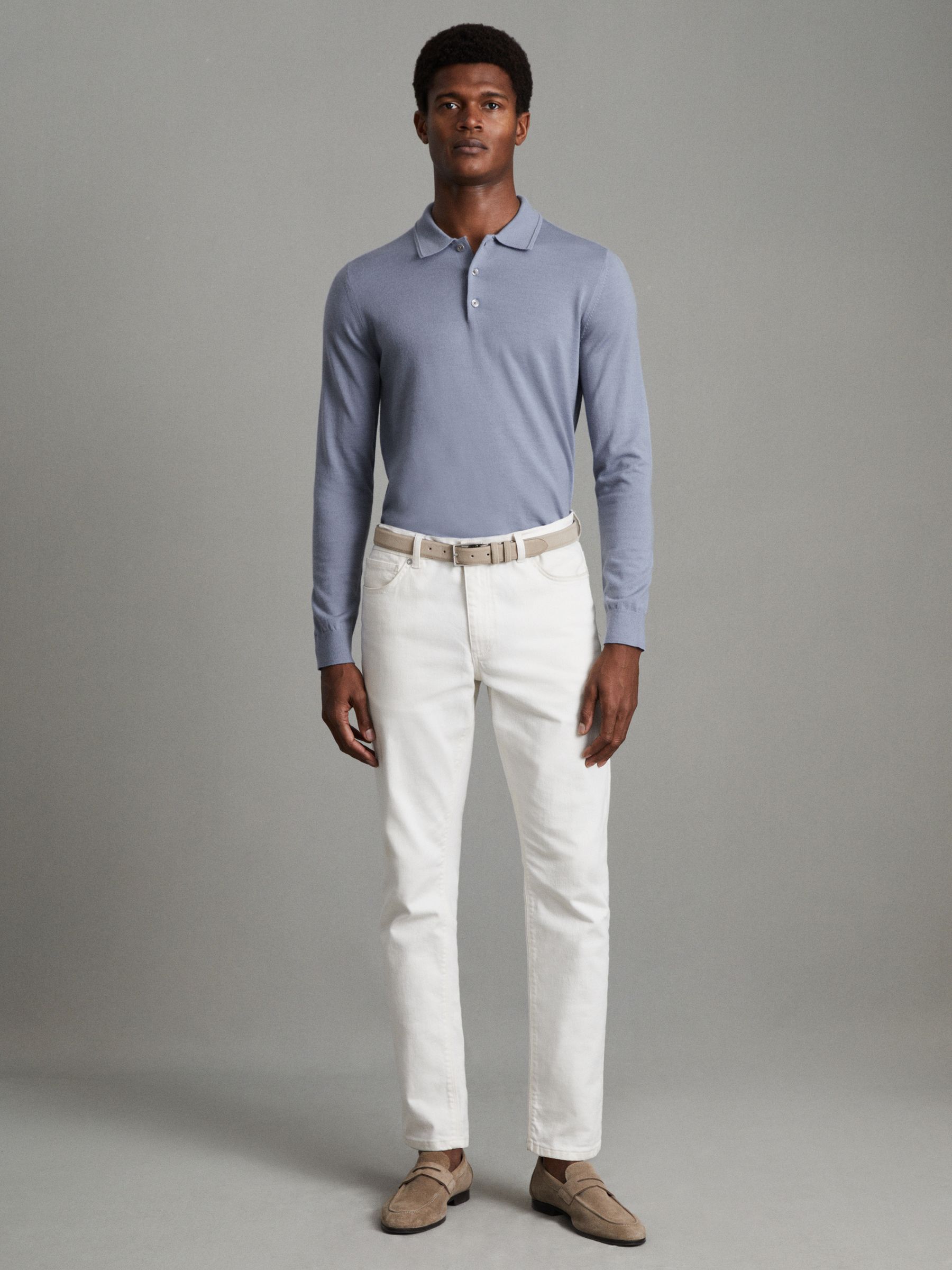 Merino Wool Polo Shirt in China Blue - Image 2 of 6