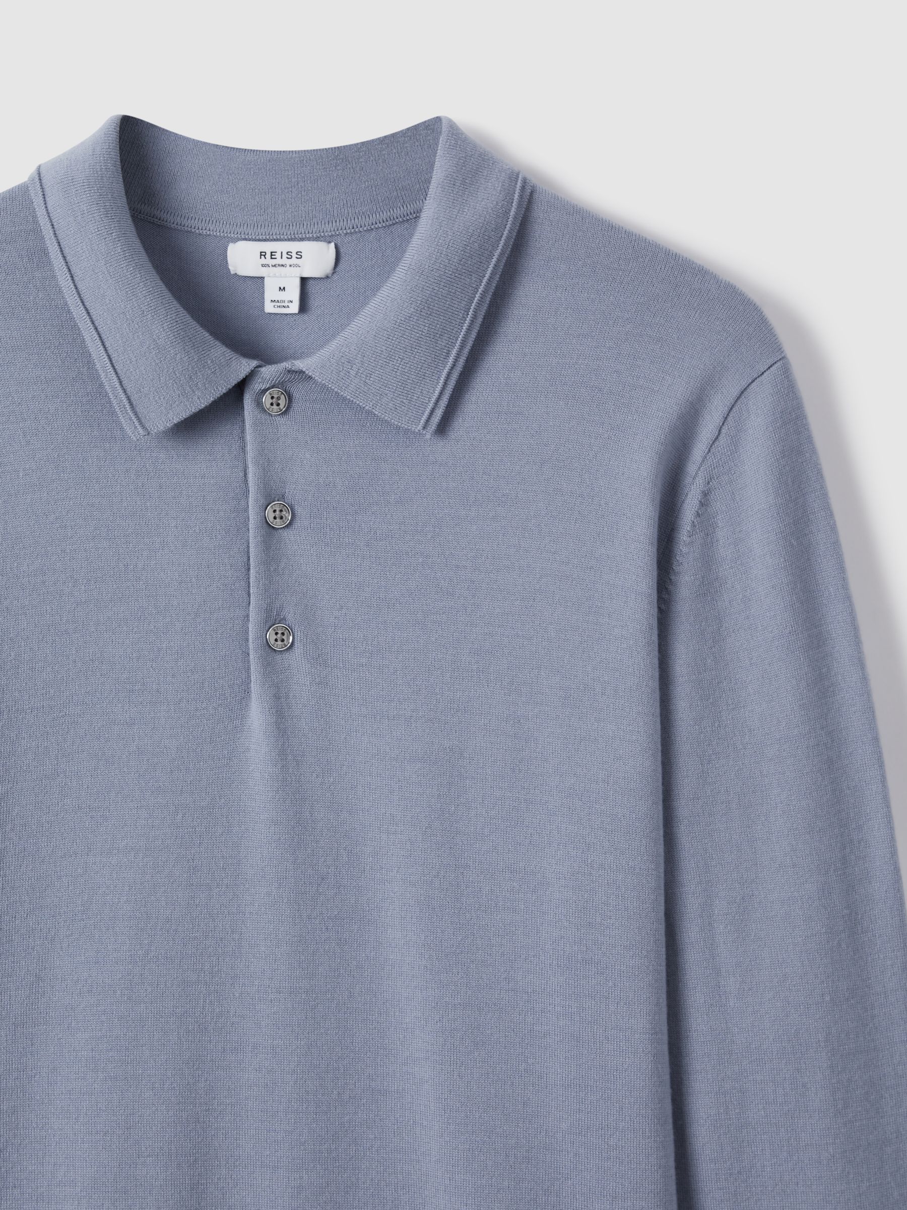 Merino Wool Polo Shirt in China Blue - Image 5 of 6
