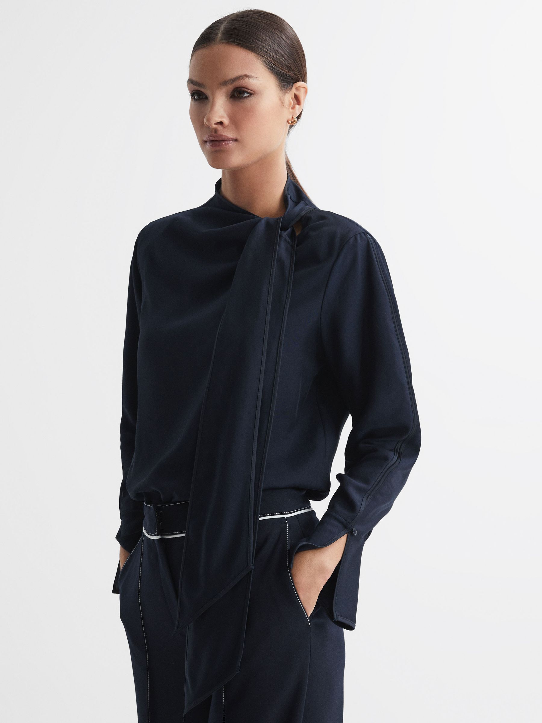 Tie Neck Blouse in Navy - Image 1 of 5