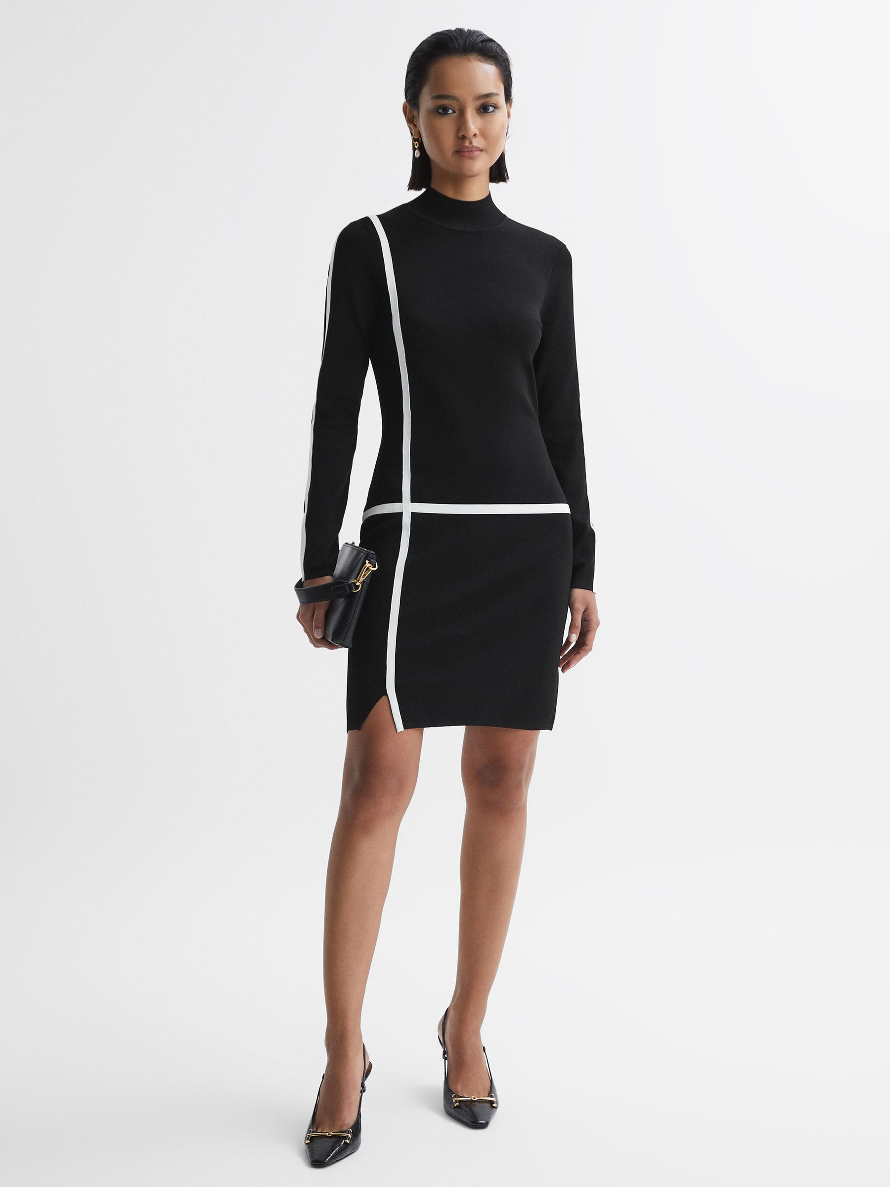 Knitted Bodycon Mini Dress in Black/Ivory - Image 1 of 4