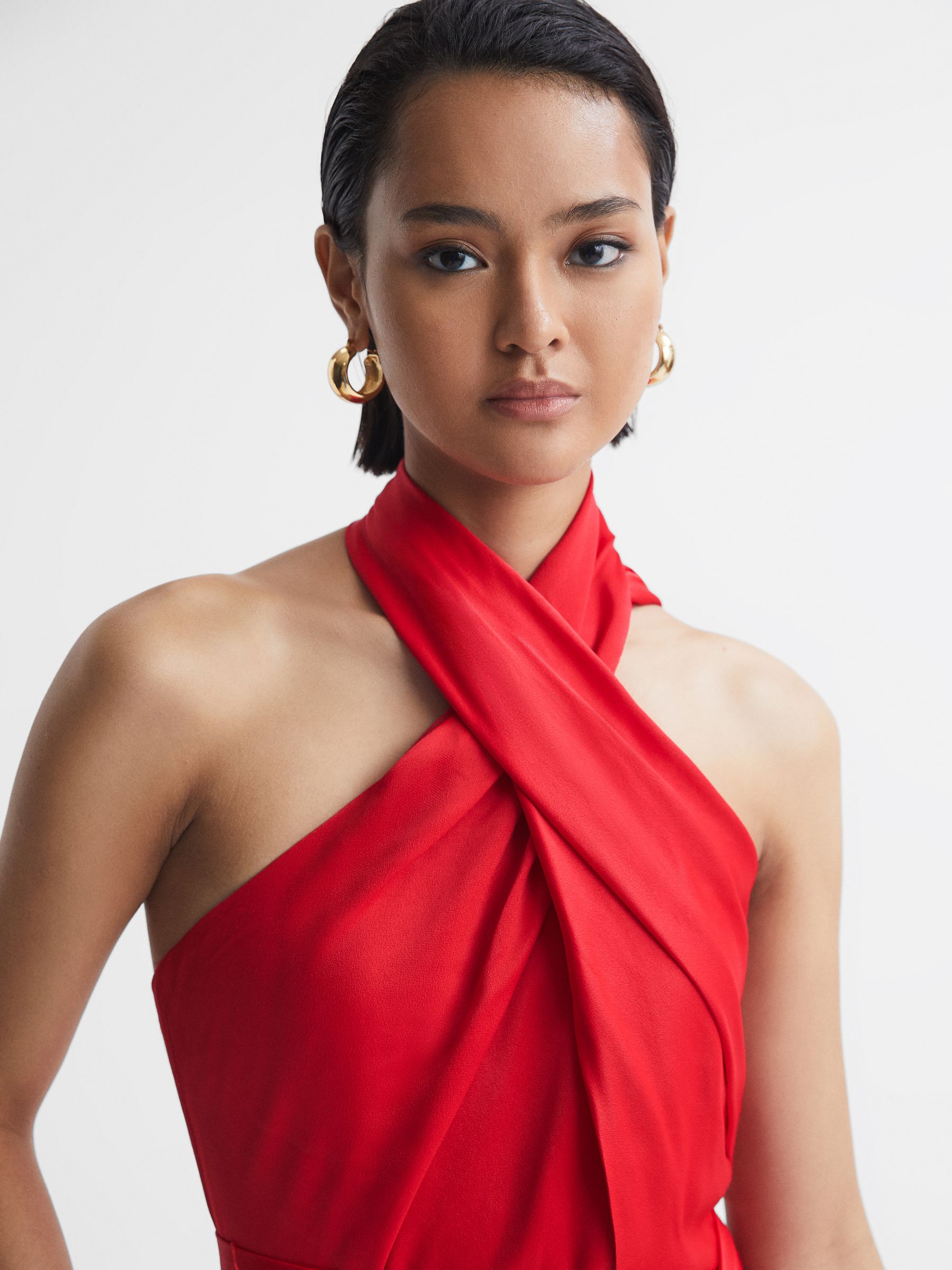 Satin Halter Neck Fitted Midi Dress in Red - Image 3 of 5