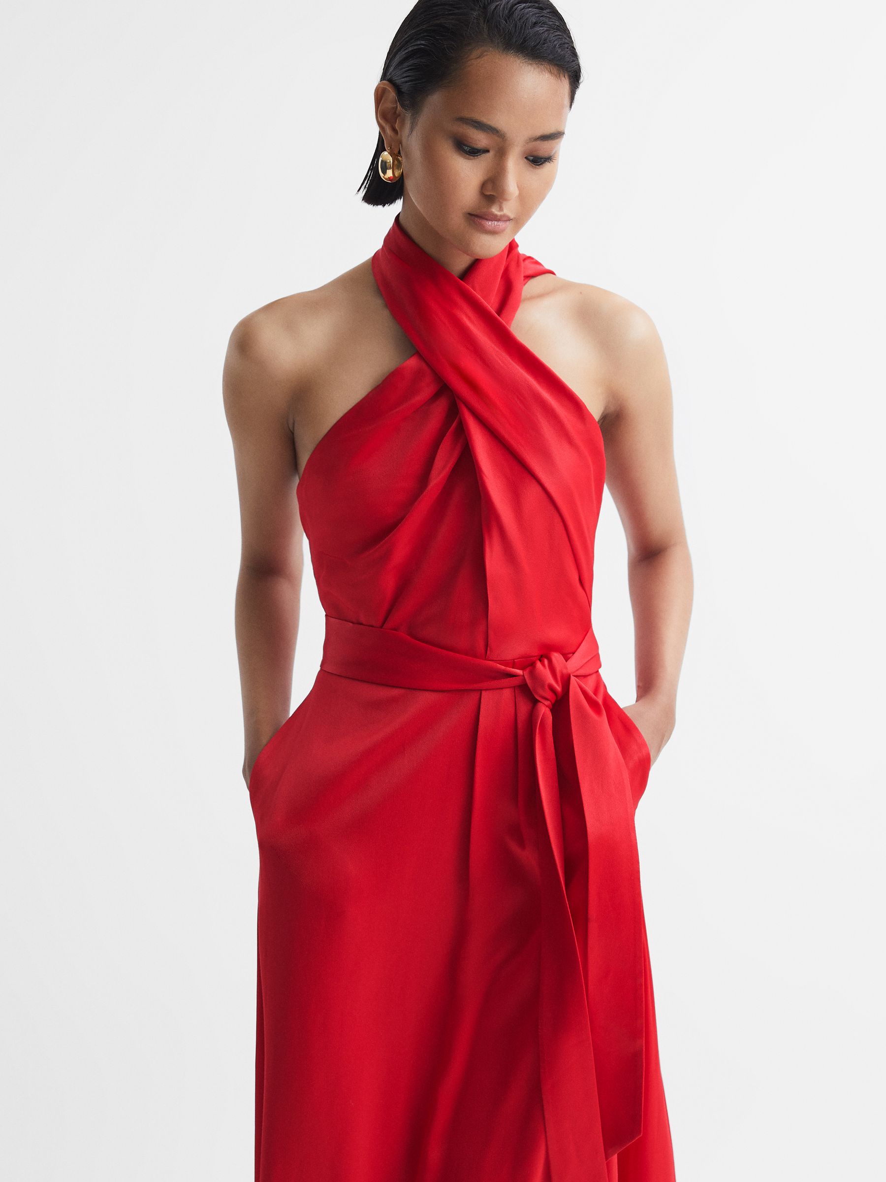 Satin Halter Neck Fitted Midi Dress in Red - Image 4 of 5