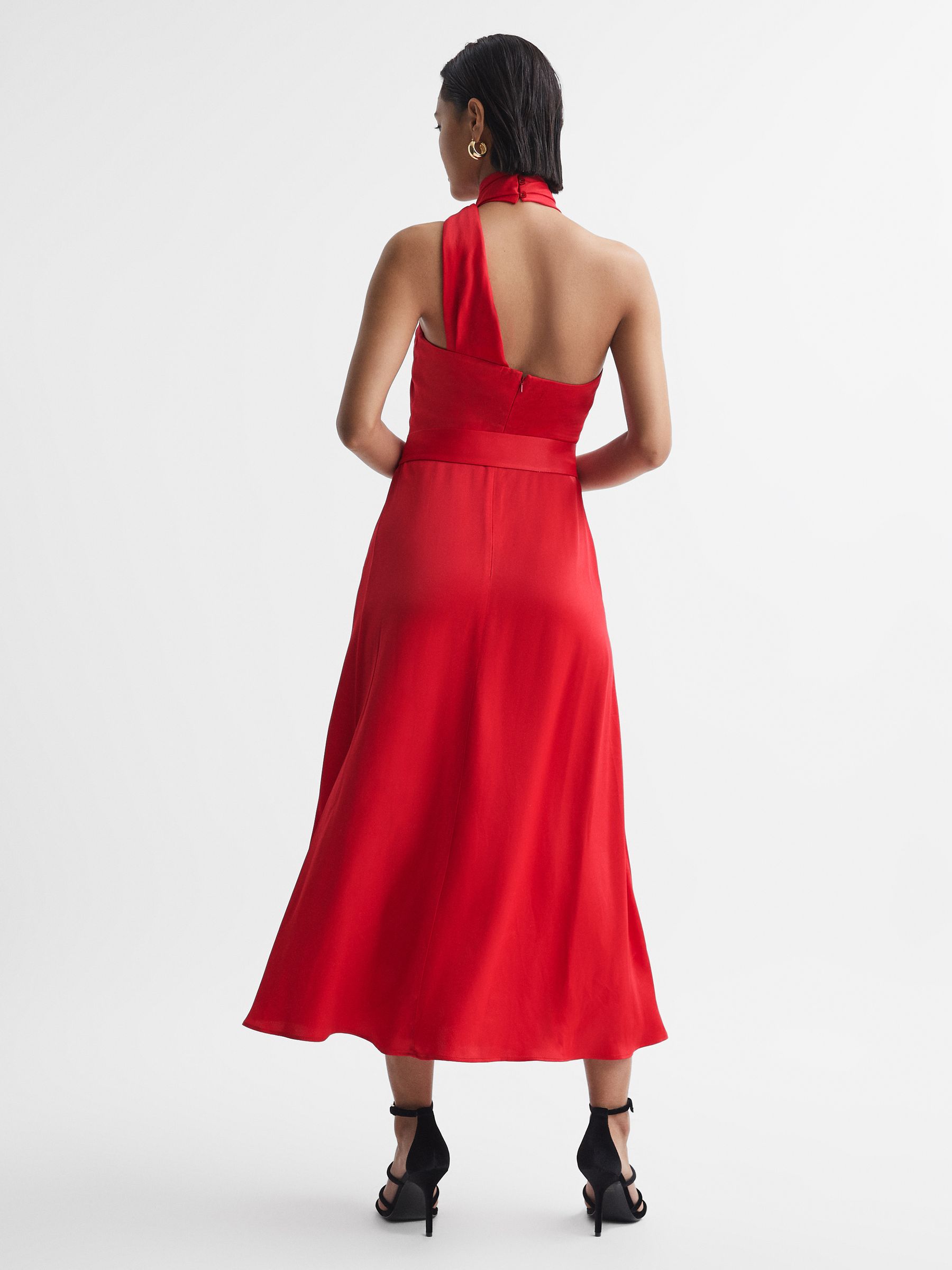 Satin Halter Neck Fitted Midi Dress in Red - Image 5 of 5