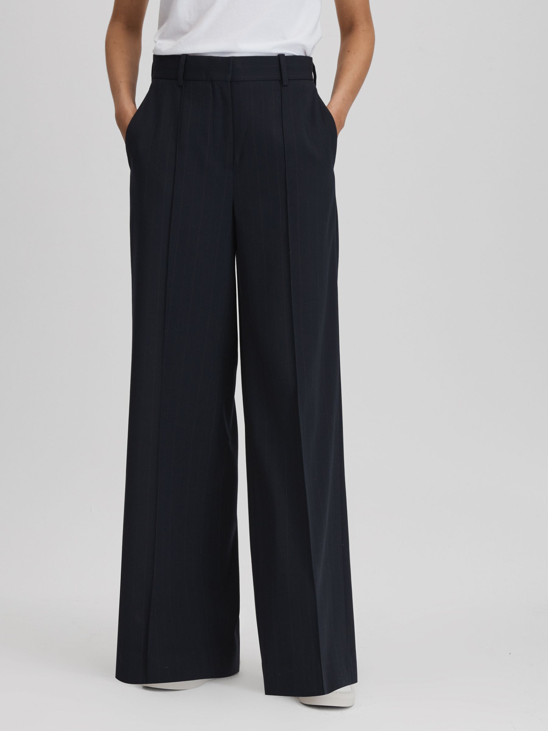 Wool Blend Wide Leg Pinstripe Trousers in Navy - Image 1 of 5