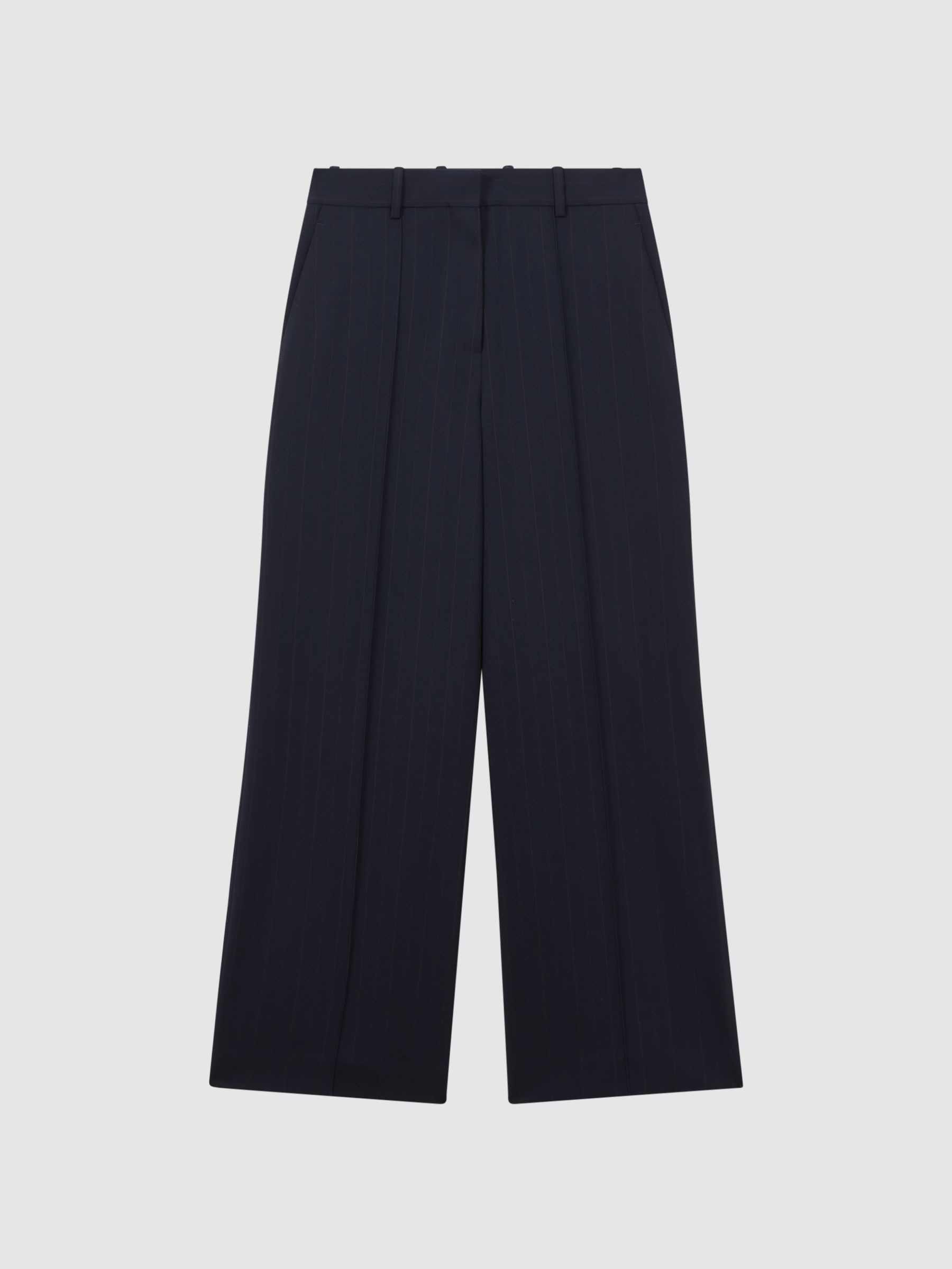 Wool Blend Wide Leg Pinstripe Trousers in Navy - Image 2 of 5