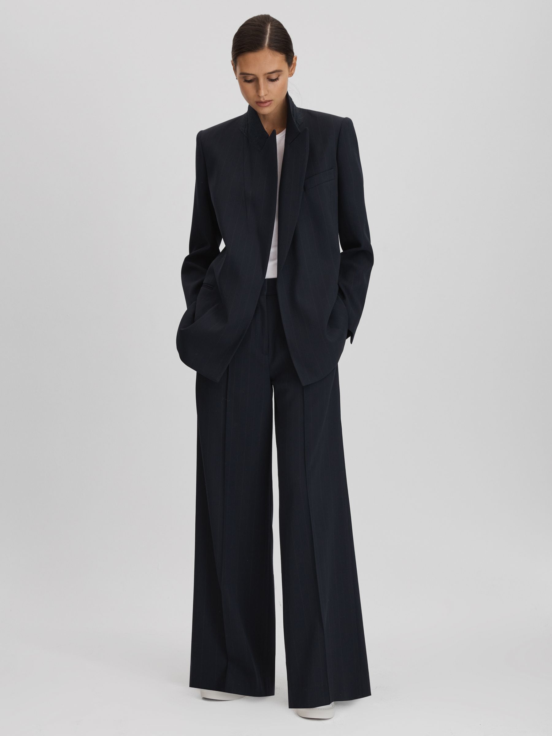 Wool Blend Wide Leg Pinstripe Trousers in Navy - Image 3 of 5