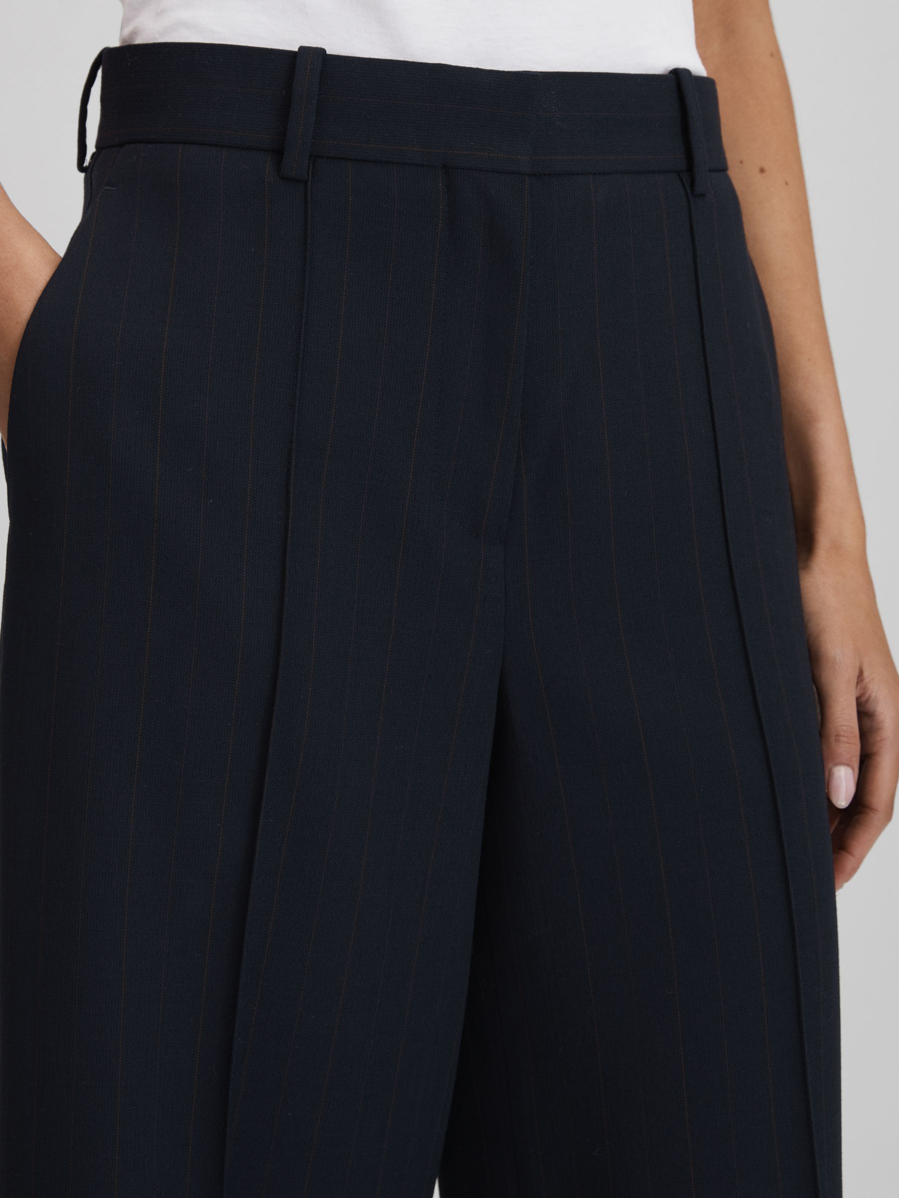 Wool Blend Wide Leg Pinstripe Trousers in Navy - Image 4 of 5