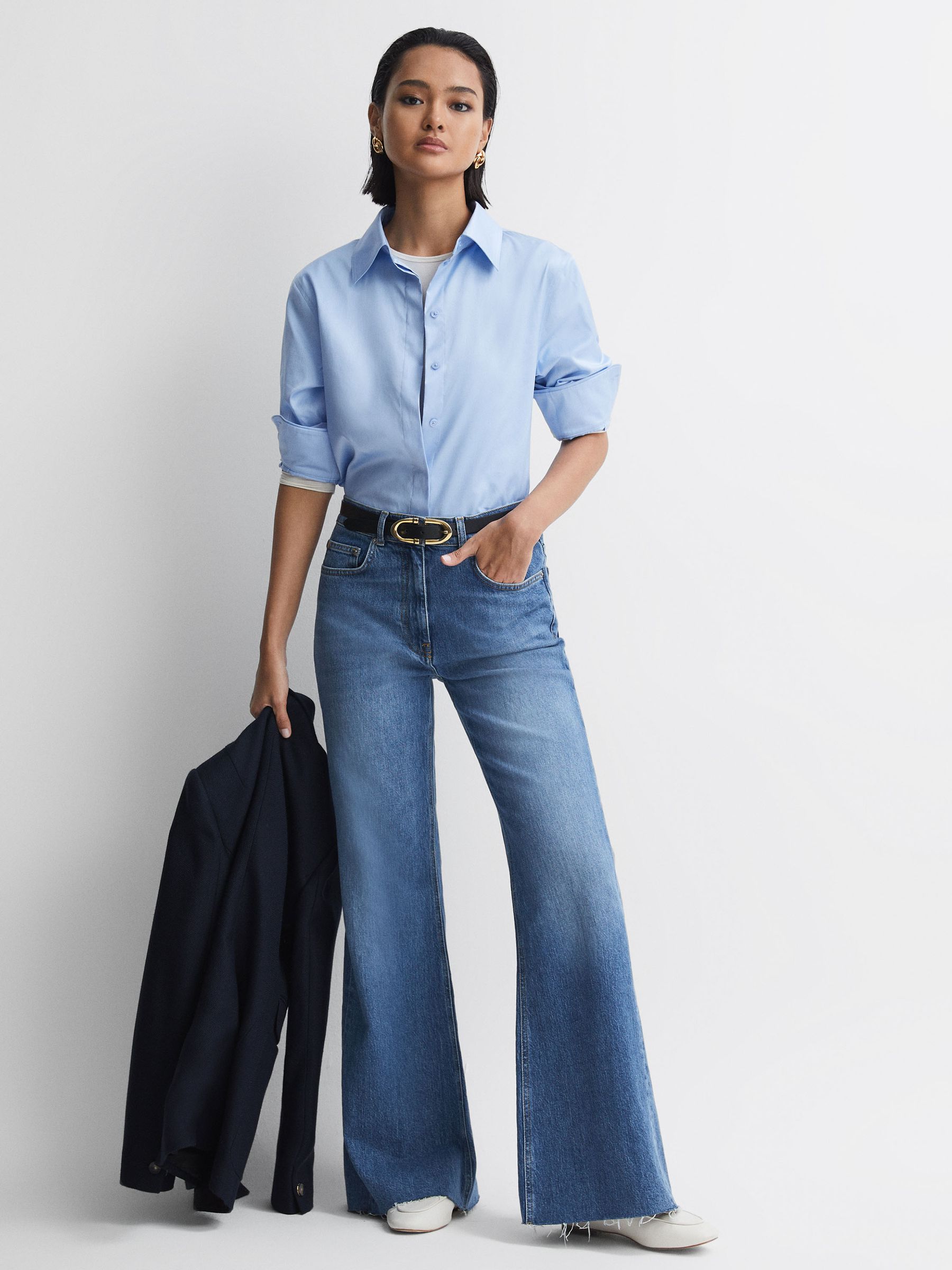 Petite Mid Rise Wide Leg Jeans in Mid Blue - Image 1 of 7