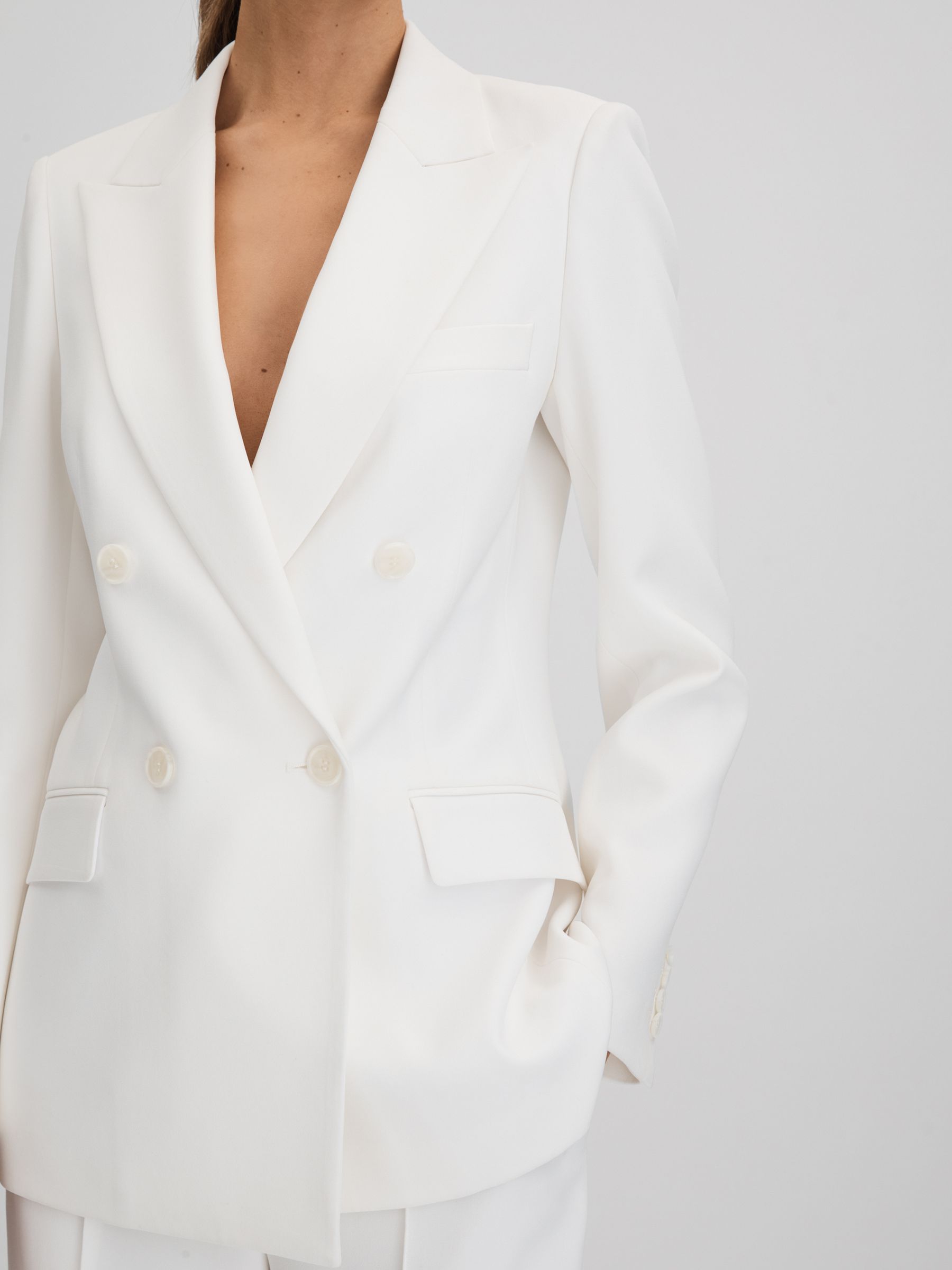 Double Breasted Crepe Suit Blazer in White - Image 4 of 7