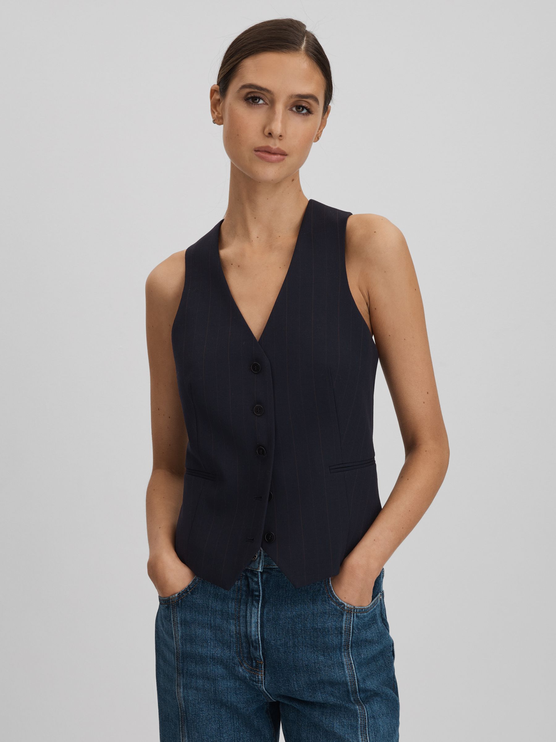 Wool Blend Pinstripe Waistcoat in Navy - Image 1 of 5