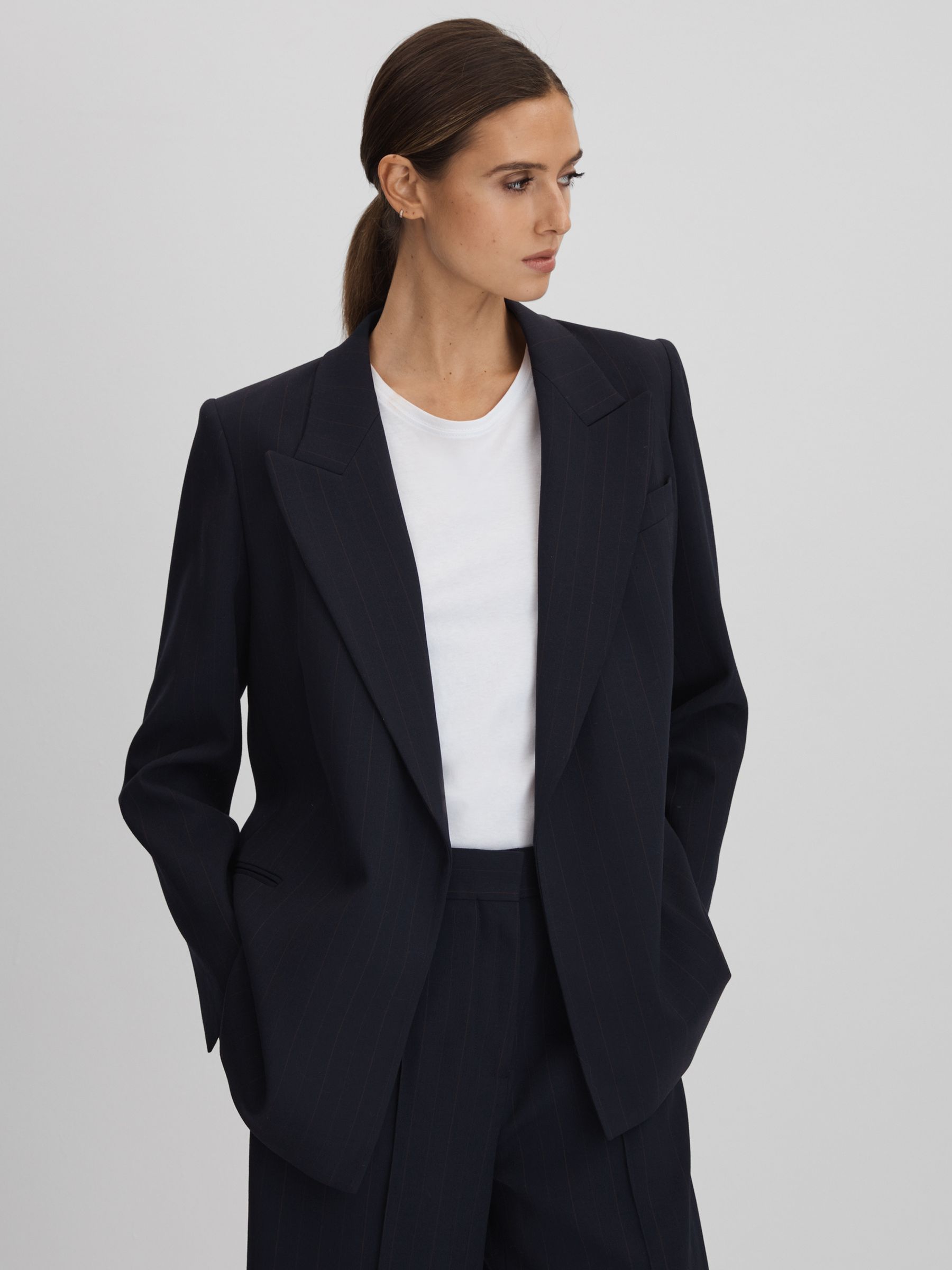 Wool Blend Single Breasted Pinstripe Blazer in Navy - Image 1 of 5