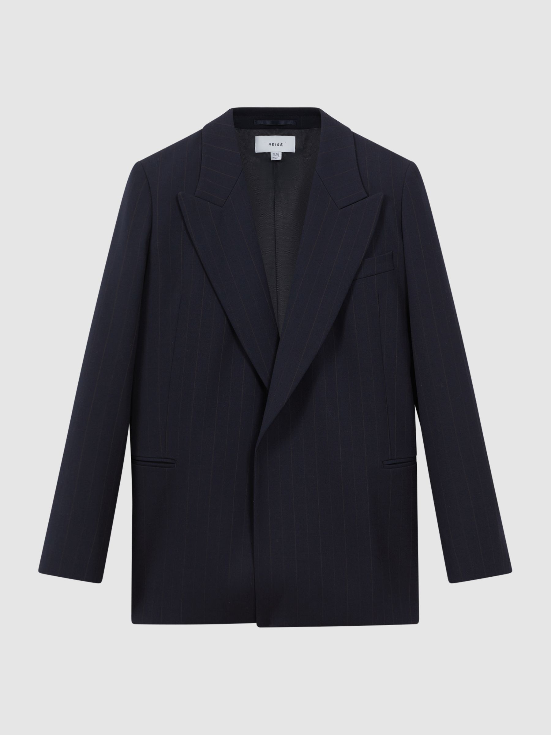 Wool Blend Single Breasted Pinstripe Blazer in Navy - Image 2 of 5