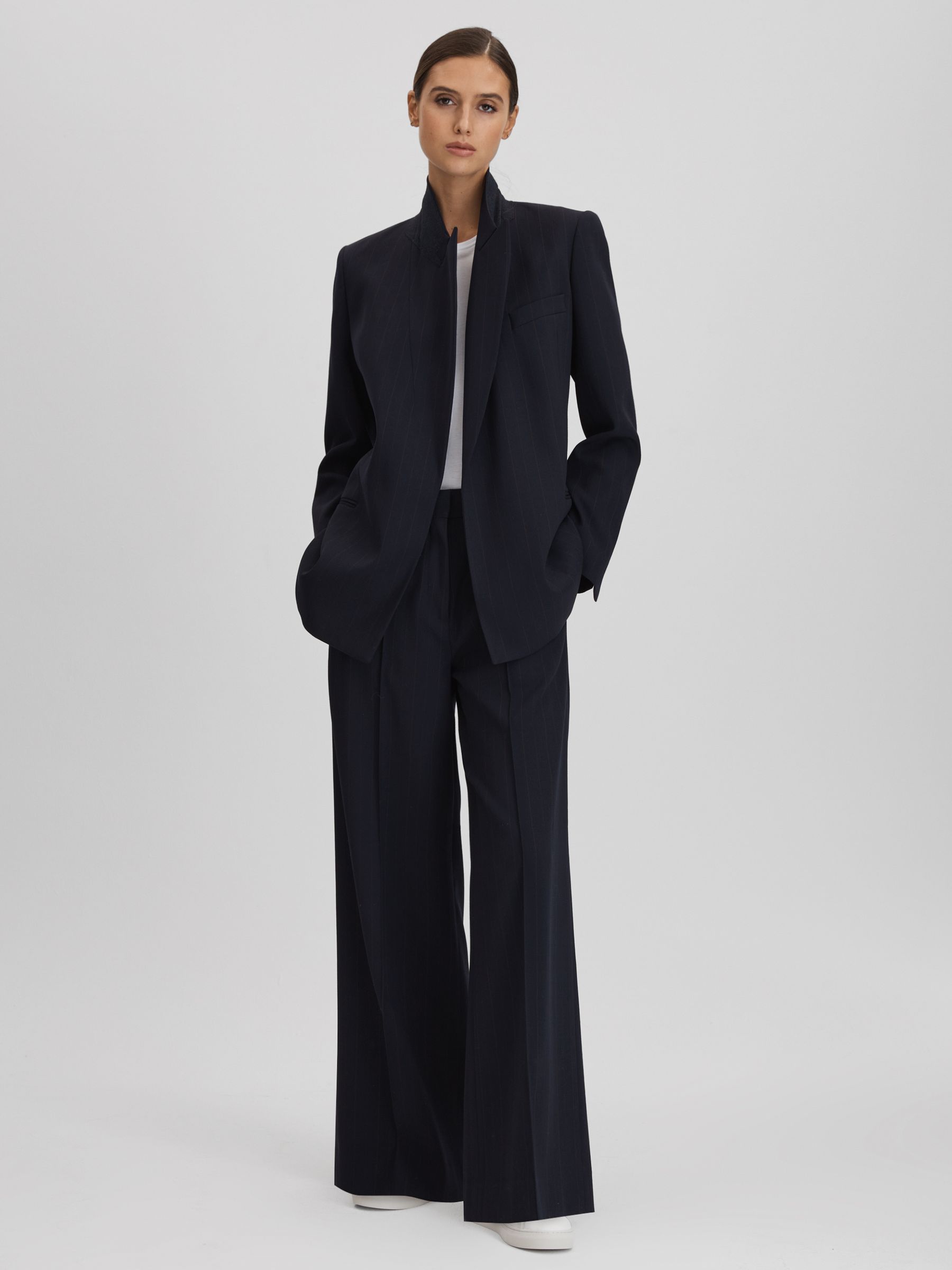 Wool Blend Single Breasted Pinstripe Blazer in Navy - Image 3 of 5