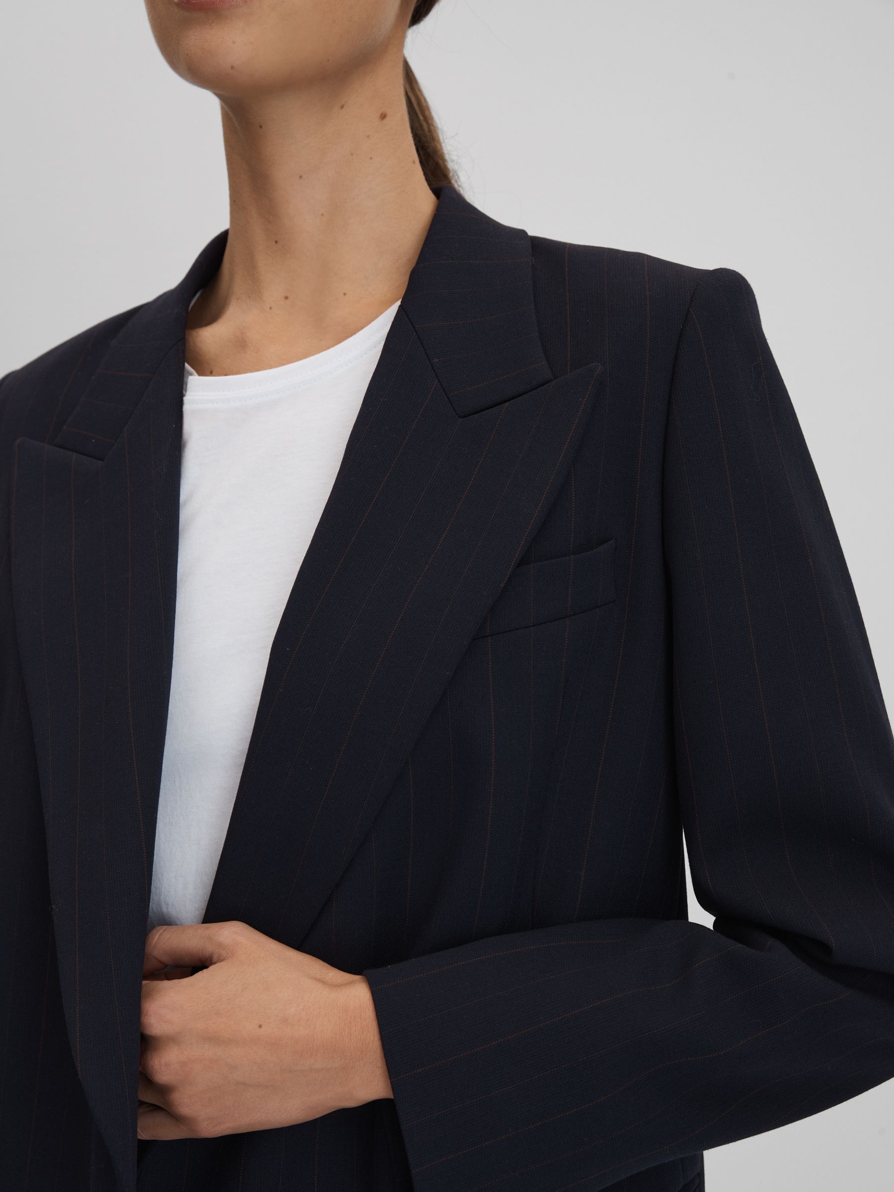 Wool Blend Single Breasted Pinstripe Blazer in Navy - Image 4 of 5